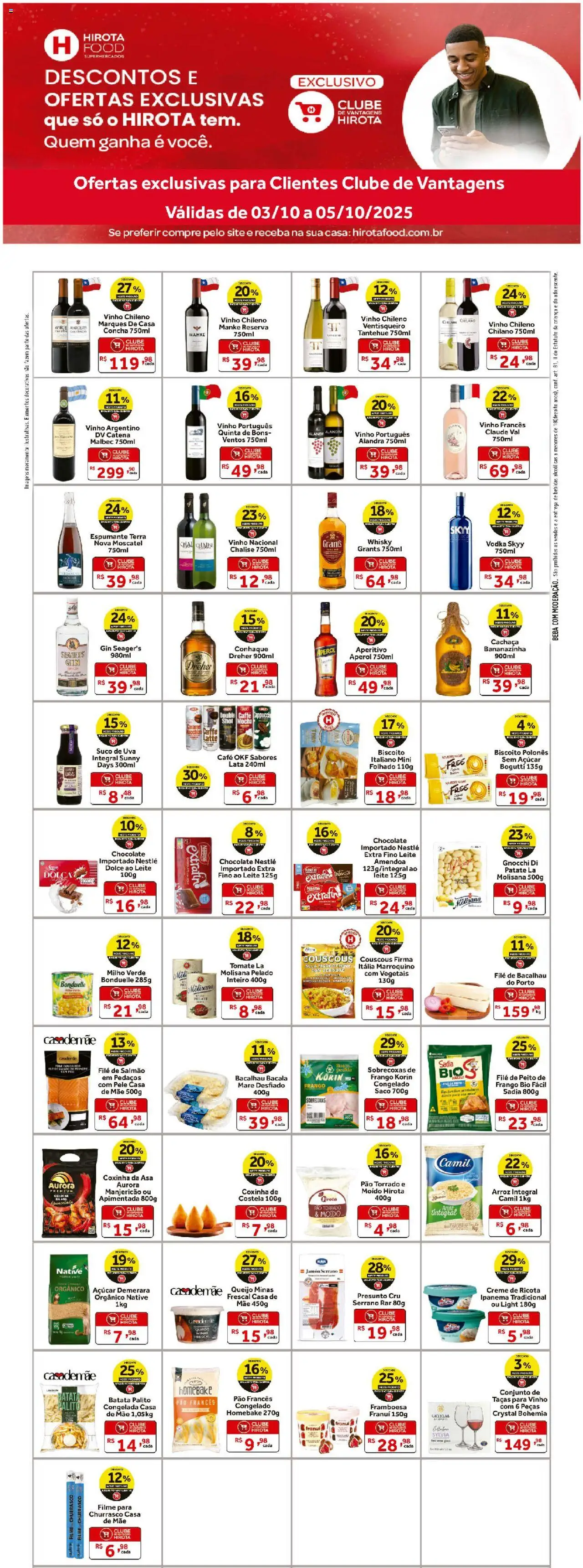 Hirota Food folheto "Ofertas Exclusivas Cliente Clube de Vantagens" válido a partir de 03/10/2025 - número de página 1 - Whisky, Gin, Aperol, Manjericão, Biscoito, Frango, Milho, Conhaque