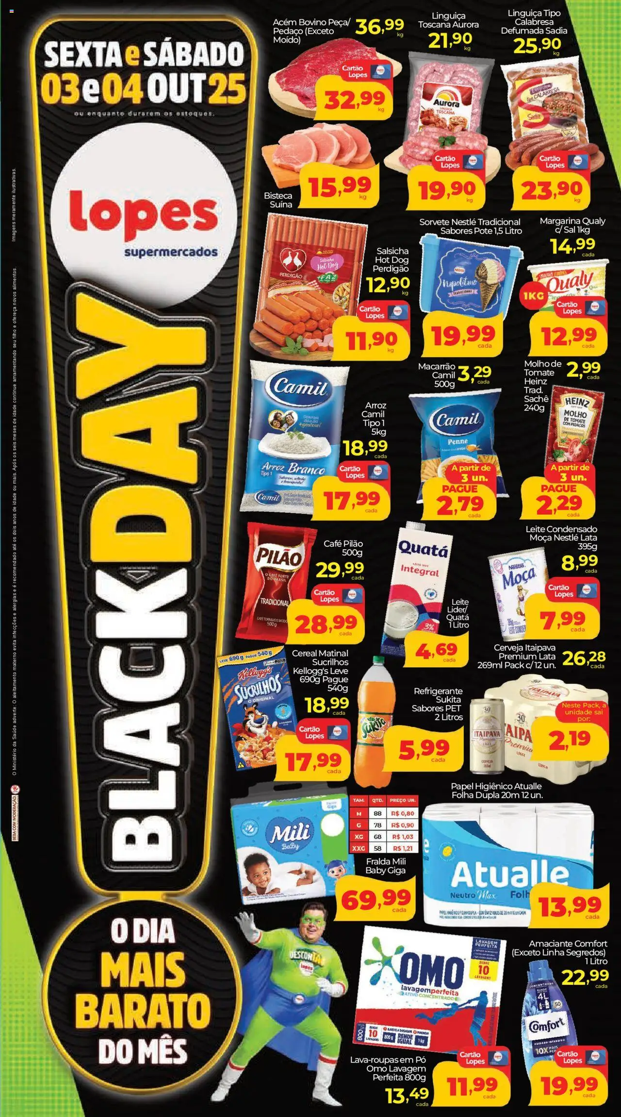 Lopes Supermercados folheto "Ofertas da semana" válido a partir de 03/10/2025 - número de página 1 - Cerveja, Macarrão, Tomate, Refrigerante, Pó, Linguiça, Margarina, Café pilão
