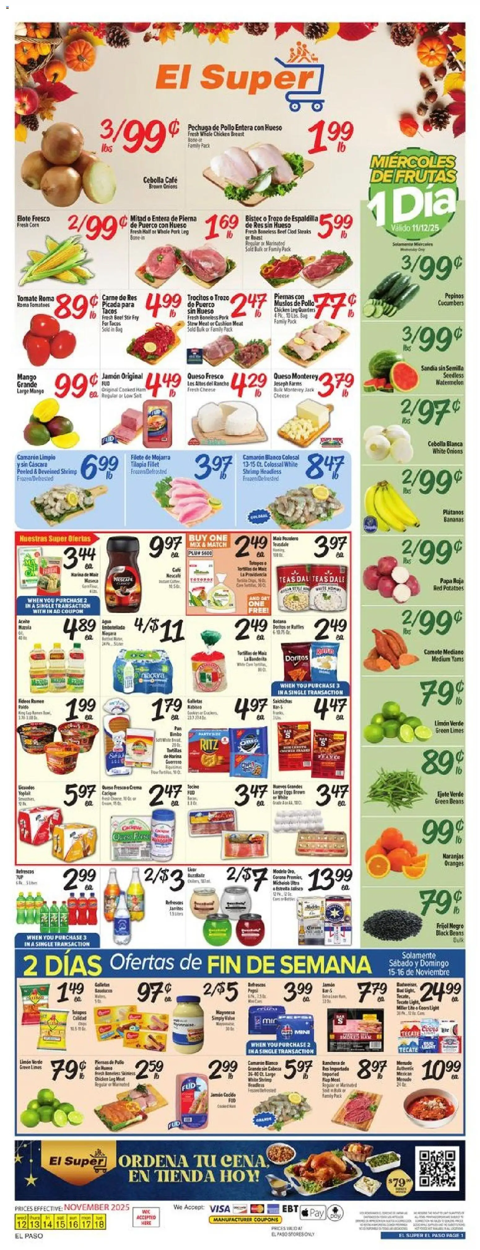 Ad Preview of El Super Weekly Ad - TX from 11/12/2025 - Cheese, Shrimp, Corn, Cucumbers, Salt, Ham, Cushion, Beef clod