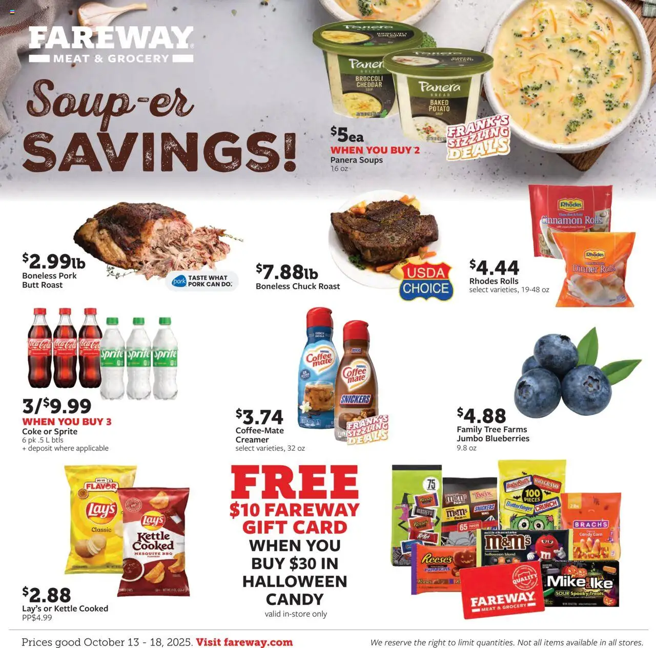 Fareway Weekly Ad from 10/13/2025 - Flyer - Page number 1 - Coffee, Candy, Soups, Broccoli, Bread, Blueberries, Sprite, Kettle
