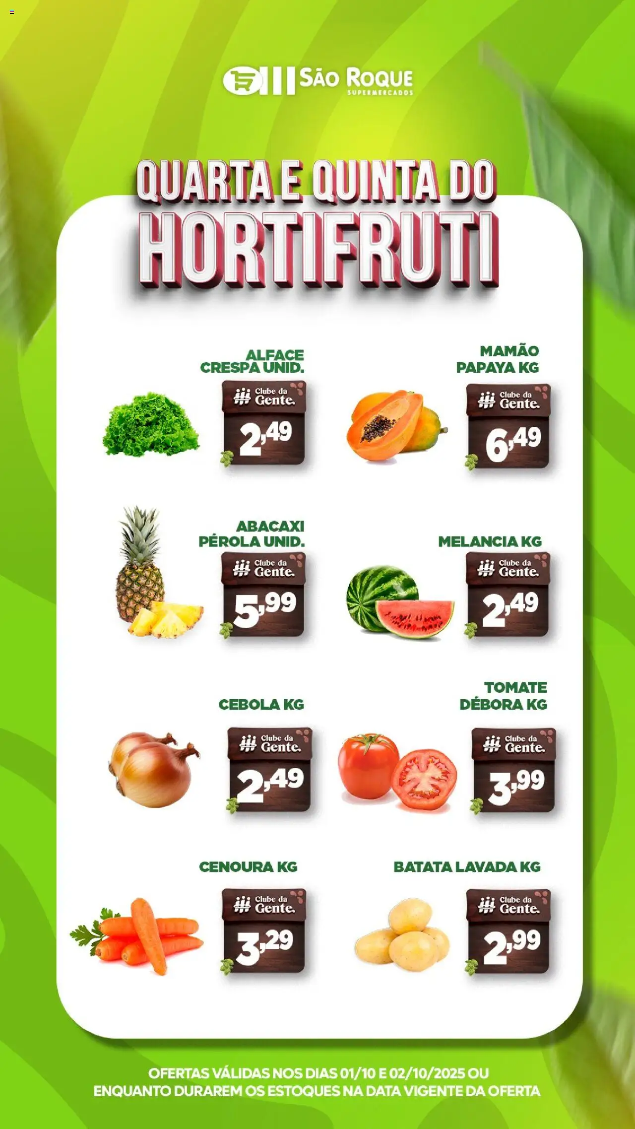 São Roque Supermercados folheto "Ofertas da semana" válido a partir de 01/10/2025 - número de página 1 - Melancia, Abacaxi, Batata, Tomate, Cenoura, Alface, Cebola, Mamão