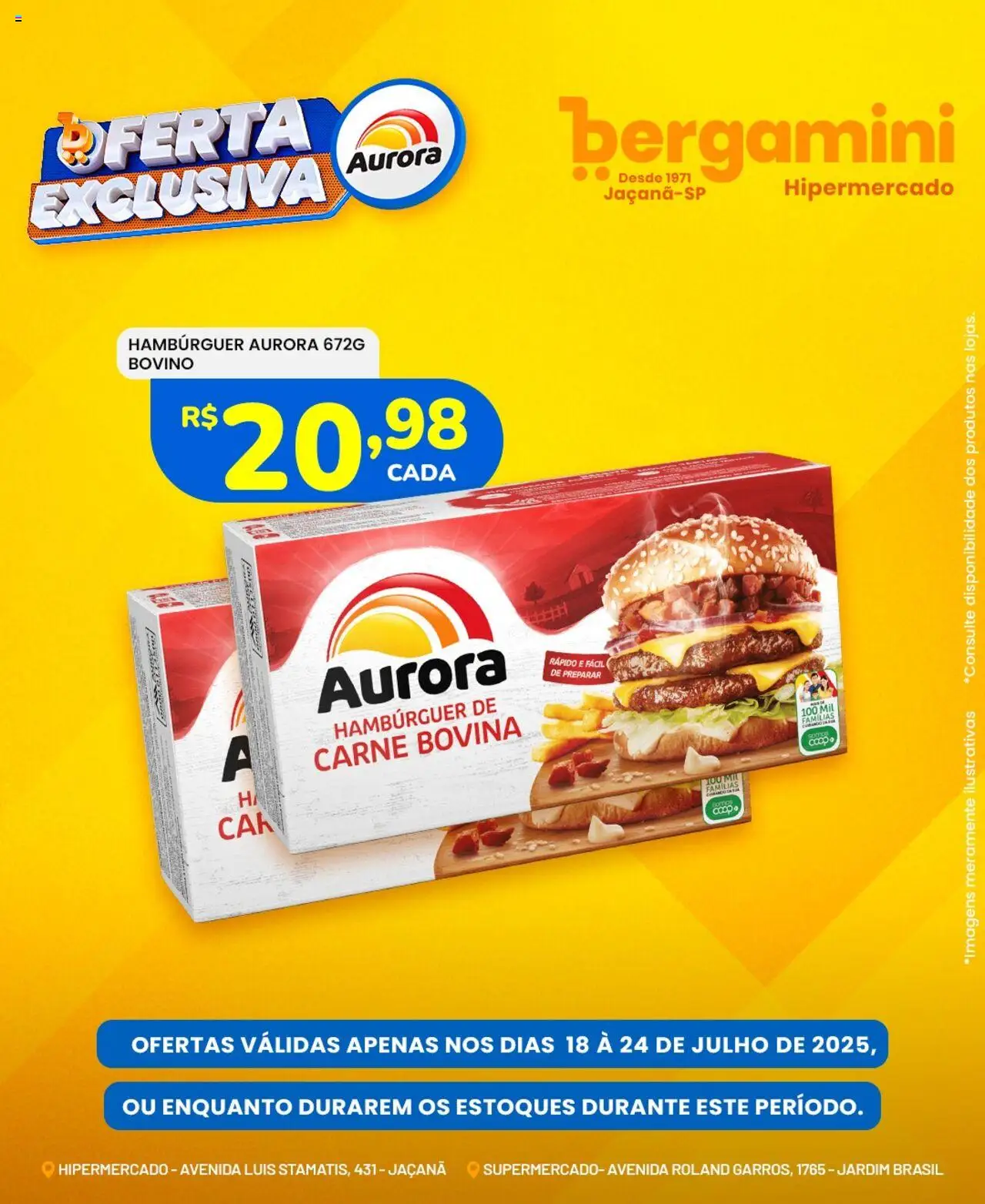 Supermercado Bergamini folheto "Ofertas Aurora" válido a partir de 18/07/2025 - número de página 1 - Carne bovina, Carne, Hambúrguer