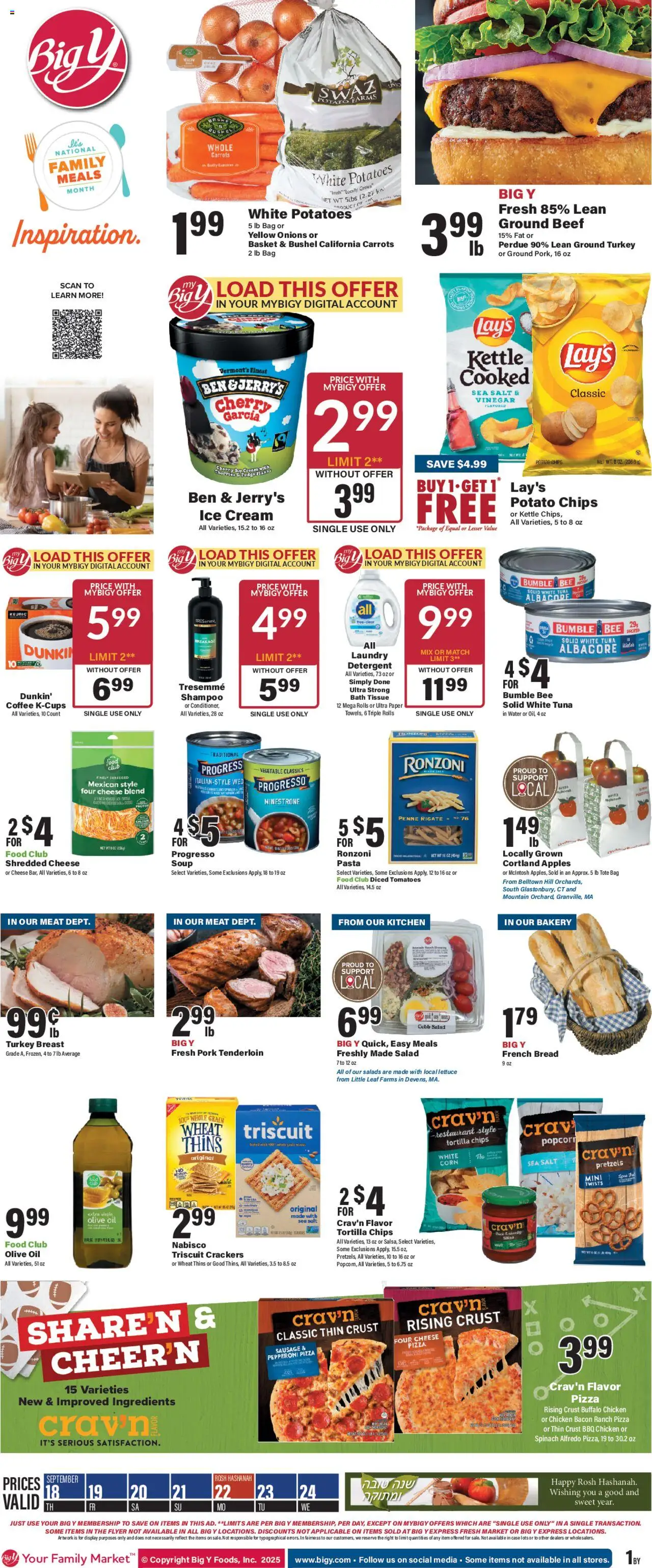 Ad Preview of Big Y Weekly Ad from 09/18/2025 - Coffee, Ice cream, Pasta, Salad, Tomatoes, Carrots, Lettuce, Flakes