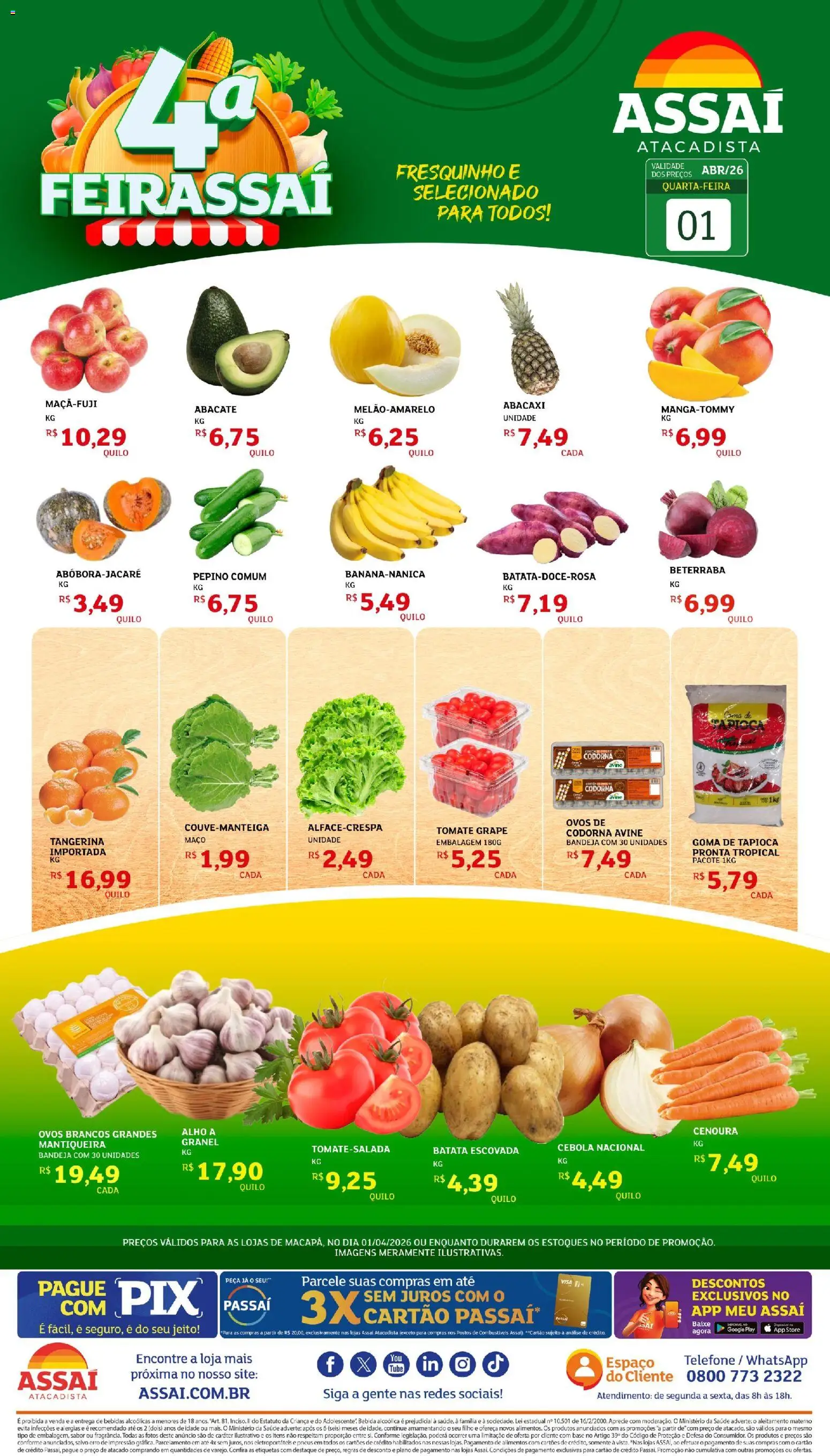 Pré-Visualização do folheto "Assaí Atacadista ofertas - AP" da loja Assaí Atacadista válido a partir de 01/04/2026 - Tapioca, Ovos, Abacaxi, Bebida, Beterraba, Tomate, Alimentos, Alho