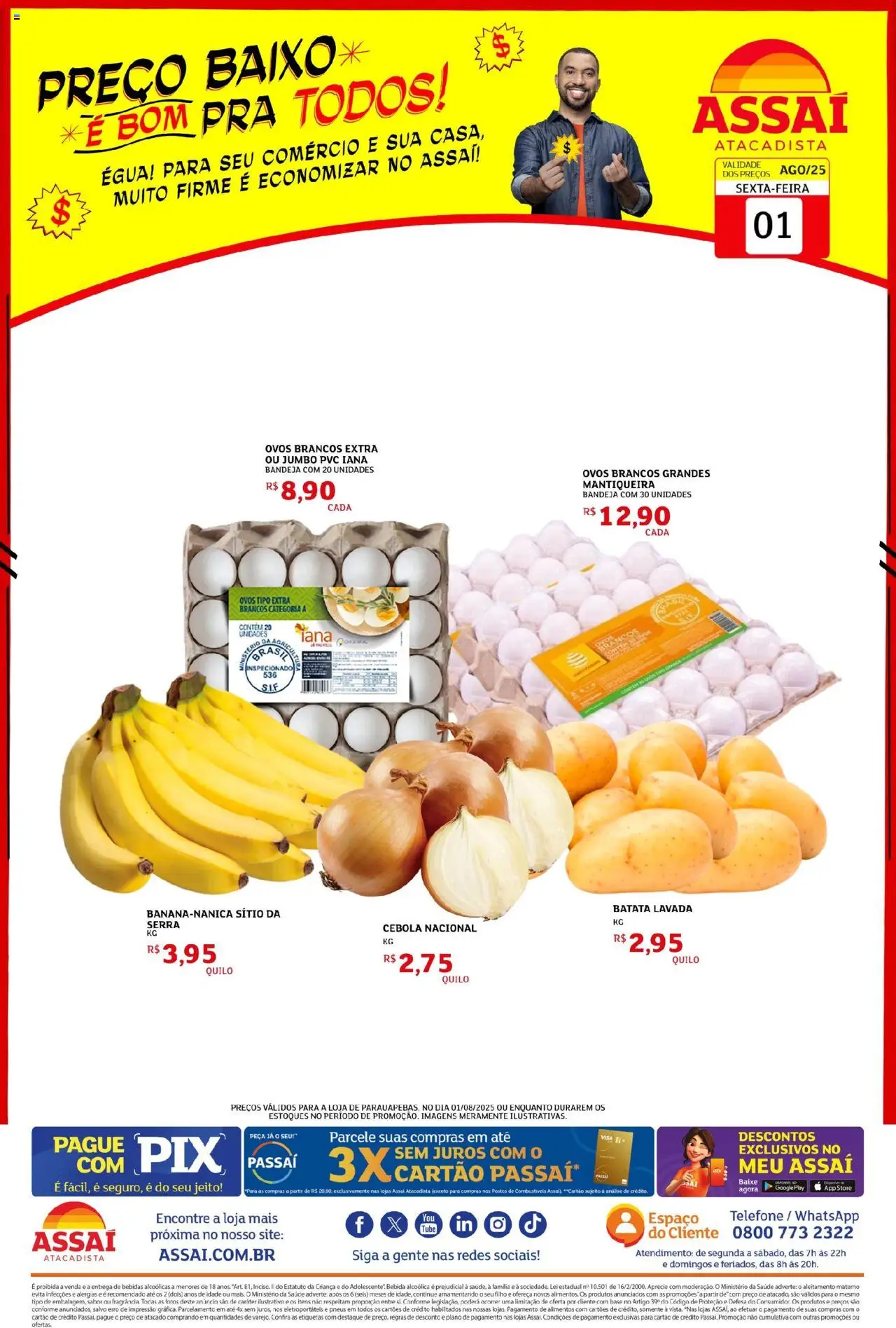 Assaí Atacadista folheto "Encarte - PA" válido a partir de 01/08/2025 - número de página 1 - Telefone, Bebidas, Ovos, Base, Batata, Alimentos, Cebola, Bandeja