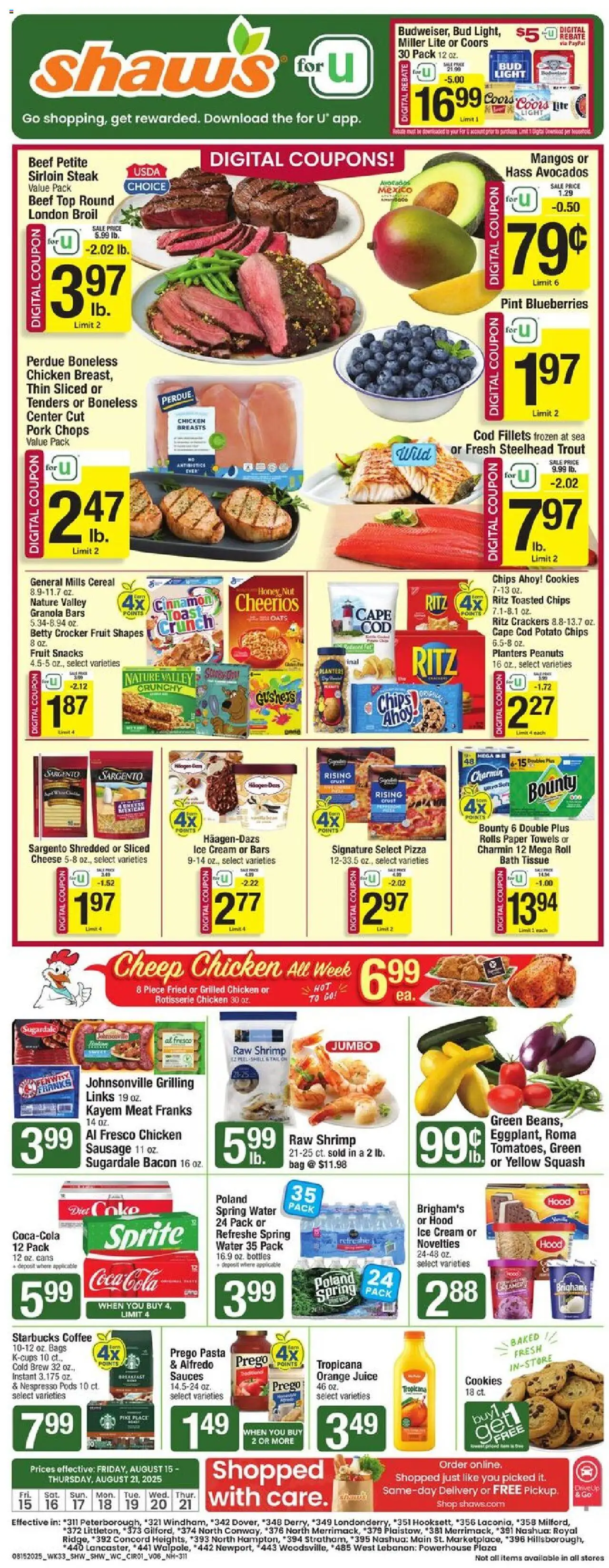 Shaw's Weekly Ad - NH from 08/15/2025 - Flyer - Page number 1 - Water, Ice, Steak, Cereal, Meat, Sprite, Bath, Chicken
