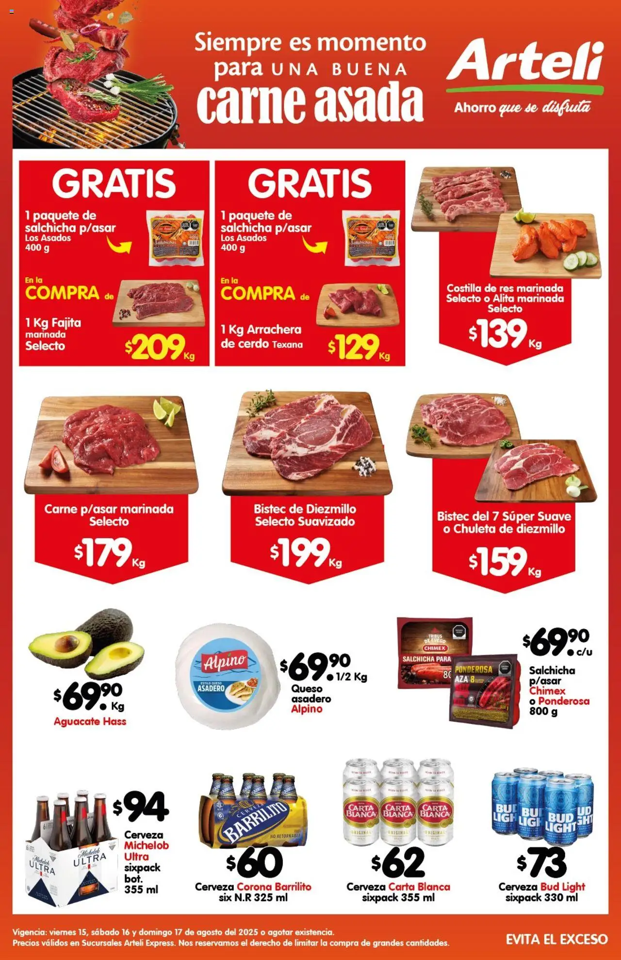 Folleto Express Carnes & Cortes Arteli y sus promociones válidas desde el 15/08/2025 - Número de página 1 - Cerveza, Aguacate, Queso, Carne, Cerdo, Bistec, Salchicha, Res