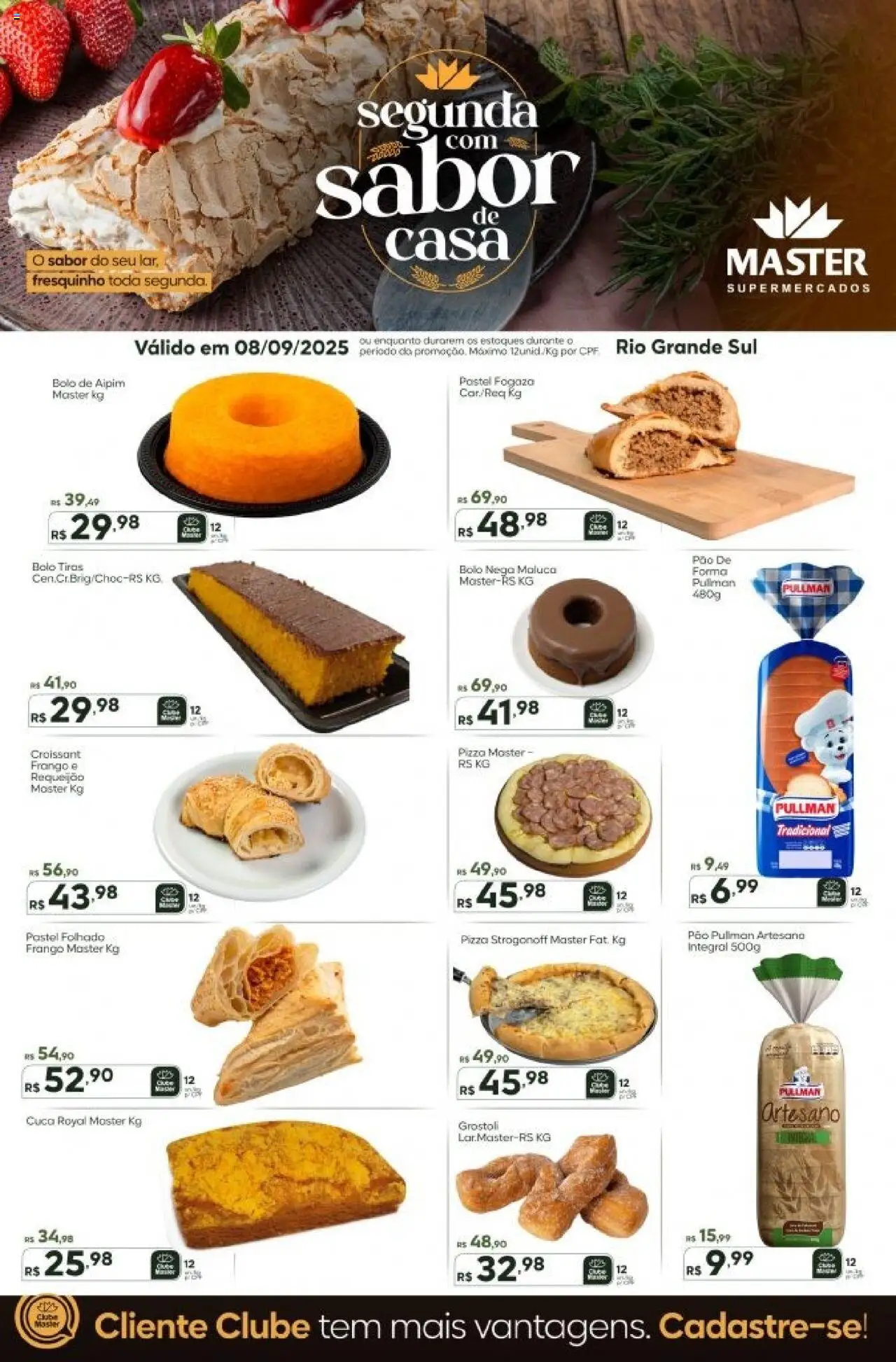 Master folheto "Ofertas do Dia" válido a partir de 08/09/2025 - número de página 1 - Pizza, Bolo, Pão, Croissant, Frango, Requeijão, Aipim