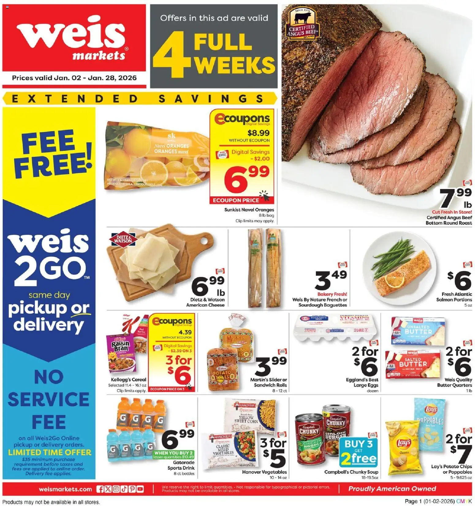 Ad Preview of Weis Monthly Ad from 01/02/2026 - Oranges, Chips, Cheese, Cereal, Corn, Butter, Clip, Potato chips
