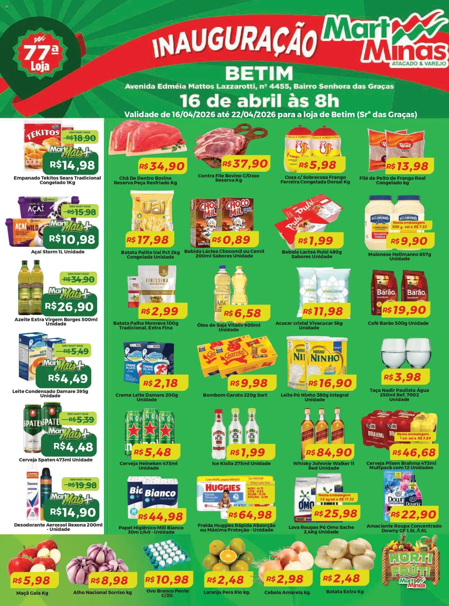Pré-Visualização do folheto "Mart Minas ofertas" da loja Mart Minas válido a partir de 16/04/2026 - Heineken, Água, Leite, Frango, Maionese, Alho, Pente, Açúcar cristal