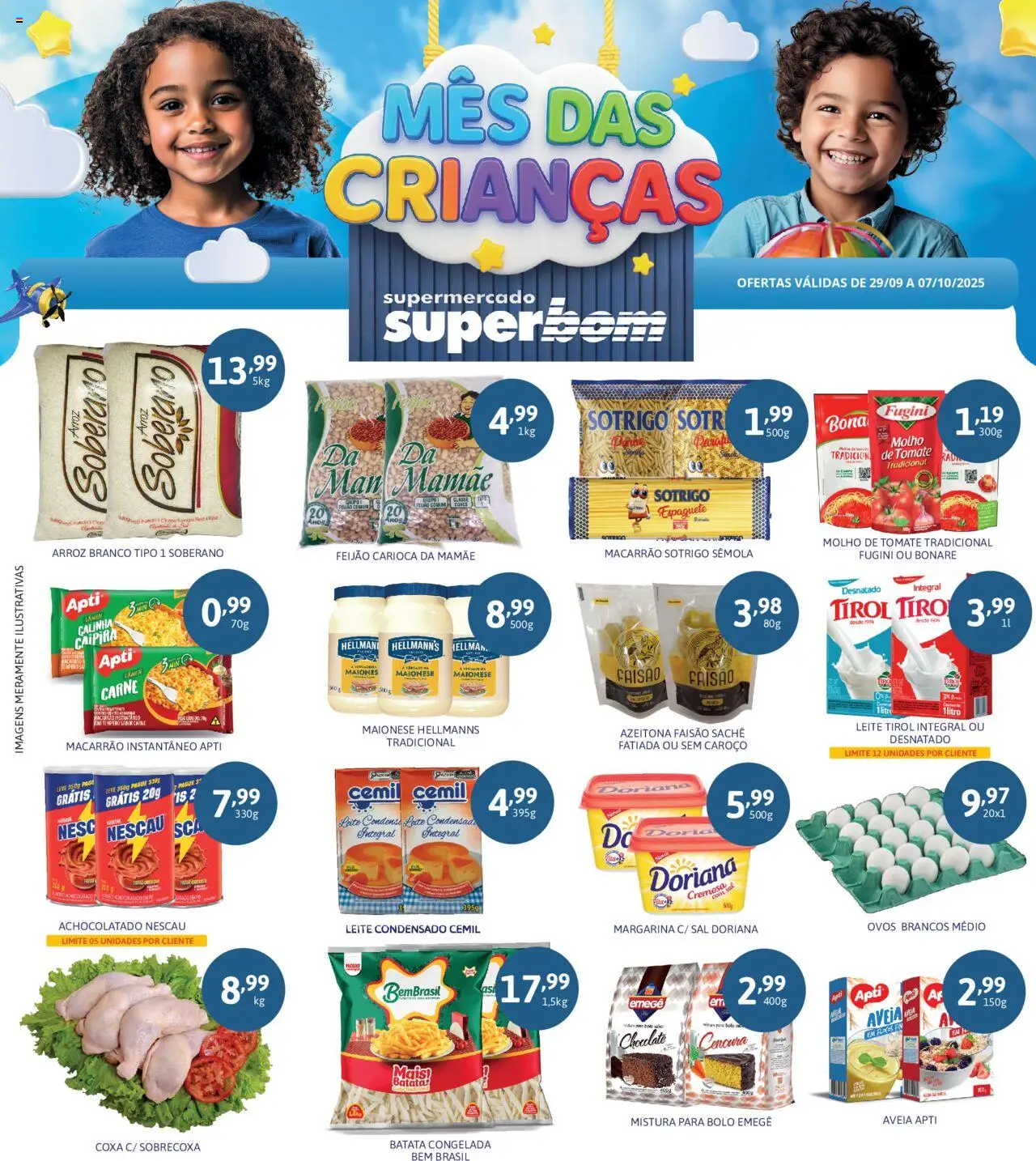 Superbom folheto "Ofertas Mes das Criancas" válido a partir de 29/09/2025 - número de página 1 - Bolo, Macarrão, Sal, Ovos, Tomate, Achocolatado, Macarrão instantâneo, Doriana