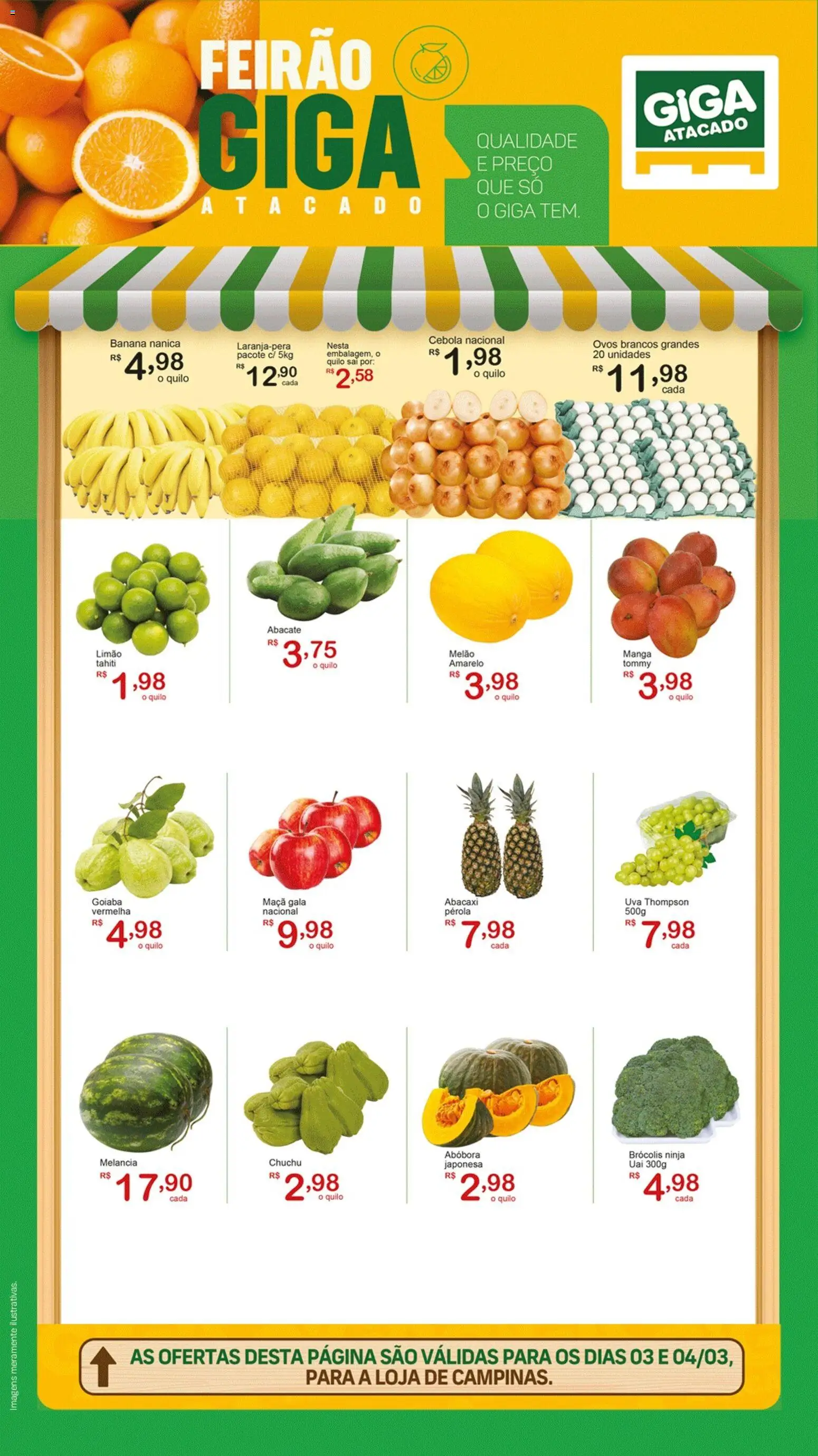 Pré-Visualização do folheto "GIGA Atacado ofertas Feirão" da loja GIGA Atacado válido a partir de 03/03/2026 - Uva, Abacaxi, Brócolis, Chuchu, Abóbora, Goiaba, Abacate, Melão