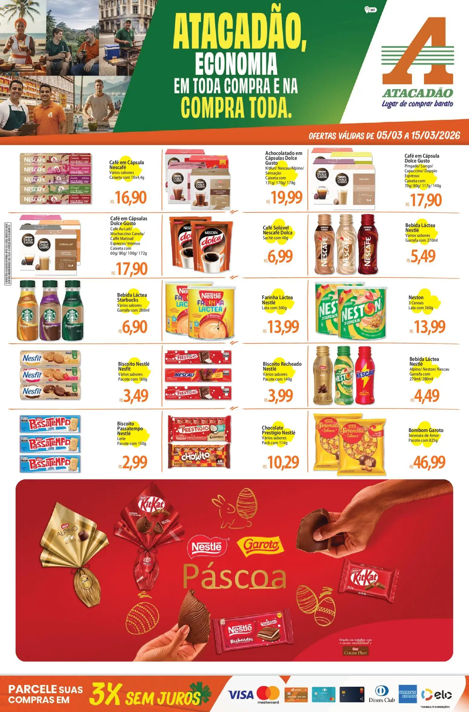 Pré-Visualização do folheto "Atacadão ofertas - MT" da loja Atacadão válido a partir de 05/03/2026 - Café, Chocolate, Bebida, Farinha láctea, Nescau, Achocolatado, Biscoito recheado, Cereais