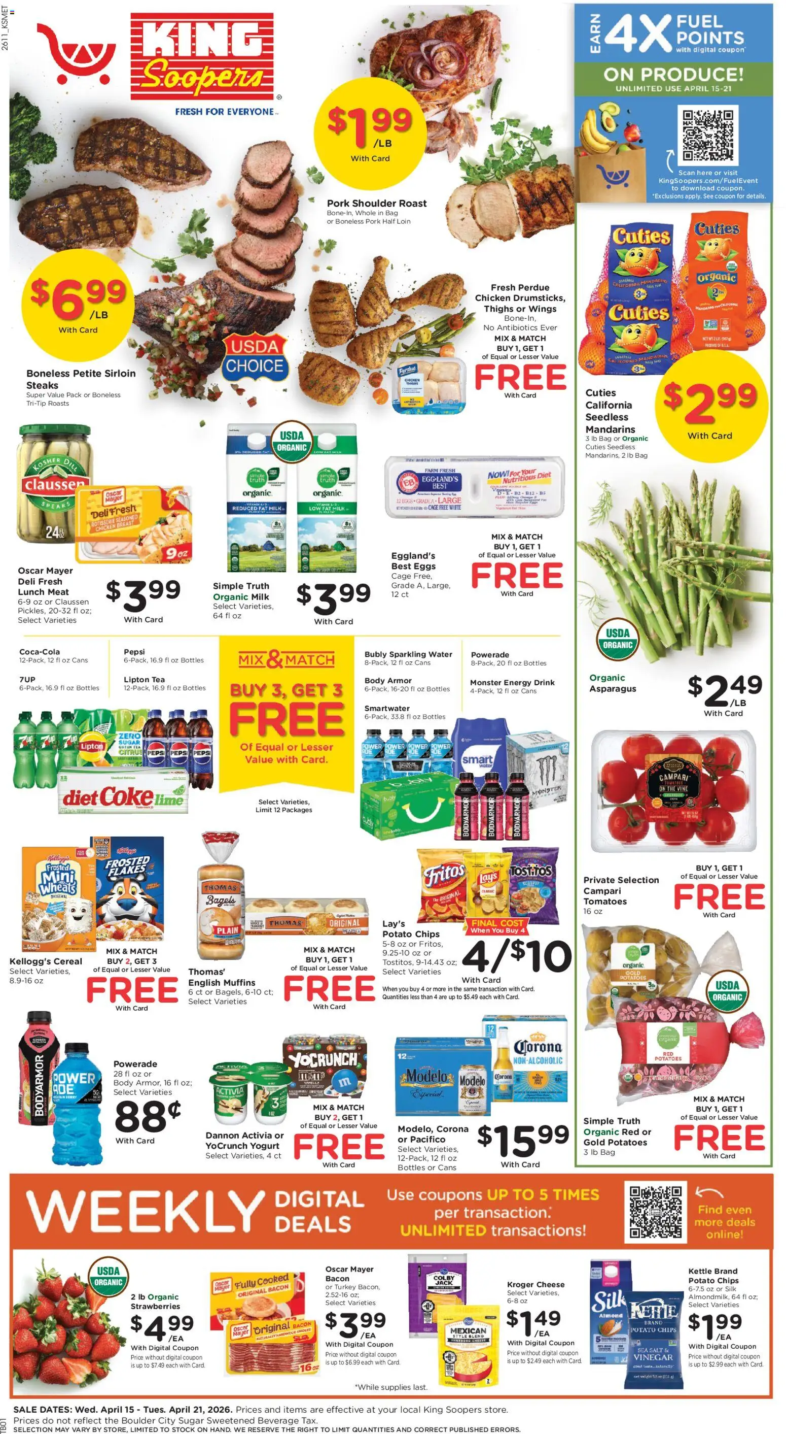 Ad Preview of King Soopers King Soopers Weekly Ad from 04/15/2026 - Turkey, Strawberries, Tomatoes, Salt, Bag, Kettle, Pork shoulder, Slicer