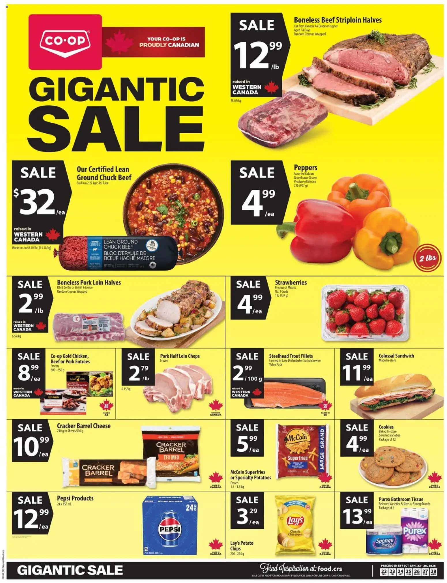 Preview of leaflet Weekly flyer / circulaire from shop Co-op Food is valid from Jan 22, 2026 - Cheese, Strawberries, Potatoes, Toilet paper, Pork, Trout, Towels, Sponge