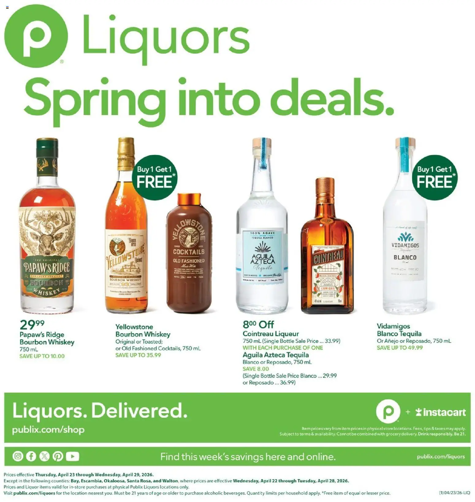 Ad Preview of Publix Publix Liquor from 04/23/2026 - Tequila, Cocktails, Agave, Bourbon, Whiskey, Ridge