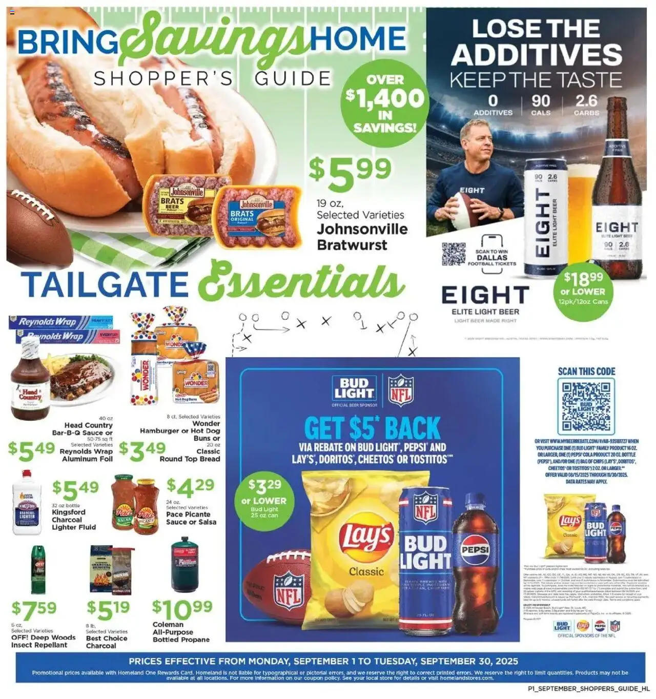 Homeland Bring Savings Home Shopper's Guide from 09/01/2025 - Flyer - Page number 1 - Beer, Hamburger, Chips, Pepsi, Charcoal, Lighter, Foil, Aluminum foil
