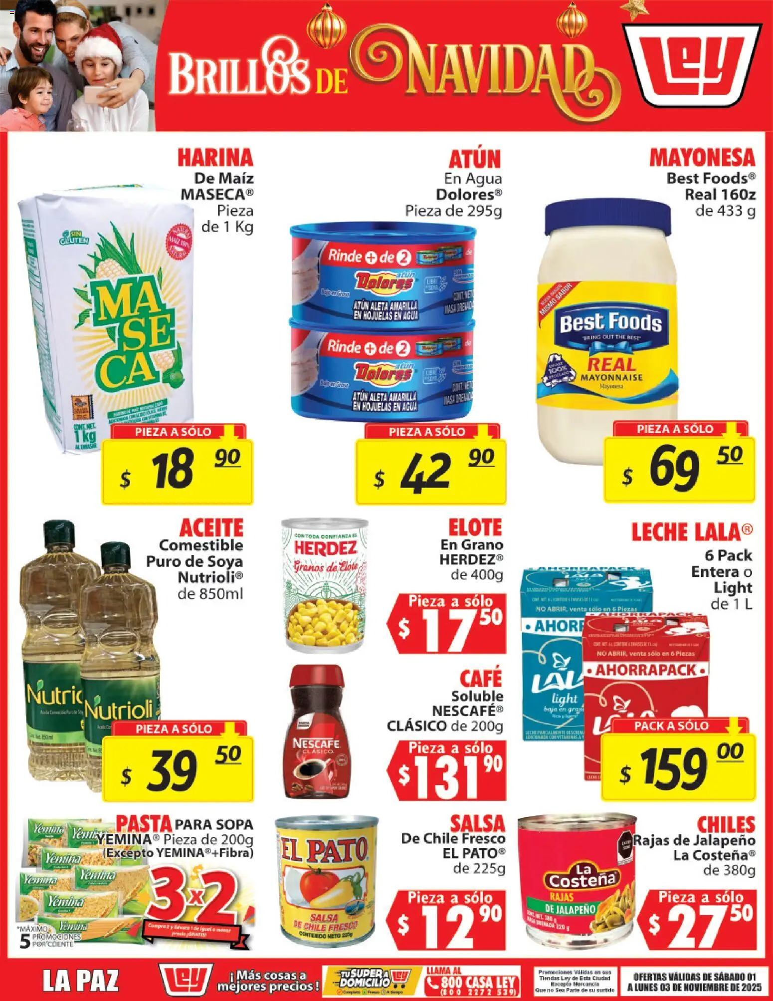 Vista previa las ofertas de la tienda Casa Ley - Folleto Brillos de Navidad desde el 01/11/2025 - Agua, Maíz, Leche, Pasta, Aceite, Harina, Sopa, Hojuelas