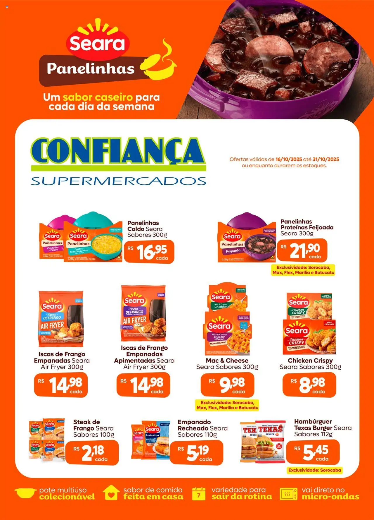 Confiança folheto "Ofertas Seara" válido a partir de 16/10/2025 - número de página 1 - Air fryer, Microondas, Feijão, Frango, Cheddar, Bacon, Provolone, Steak