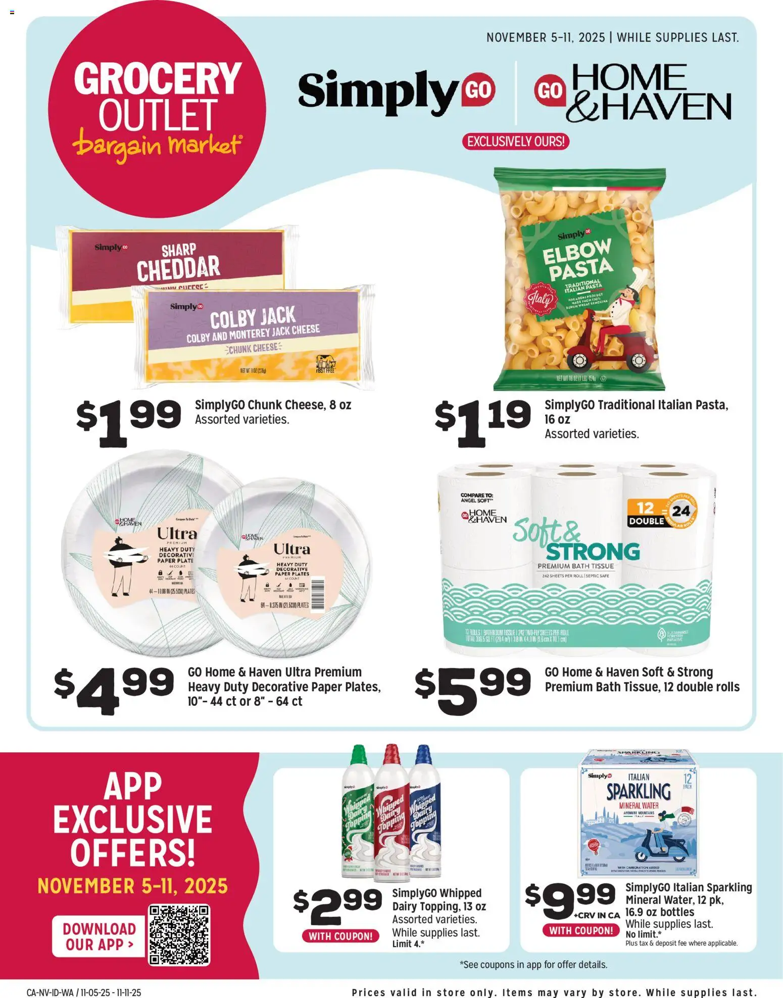 Ad Preview of Grocery Outlet Weekly Ops Standalone from 11/05/2025 - Pasta, Water, Cheese, Safe, Bath, Mineral water, Paper plates