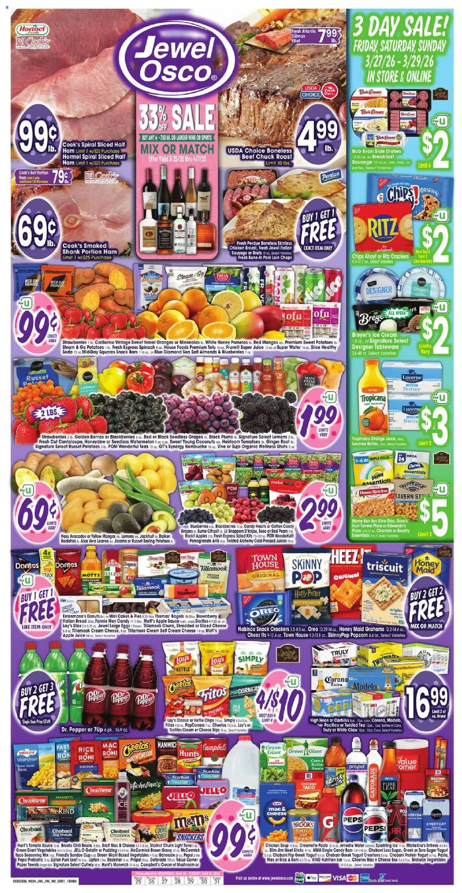 Ad Preview of Jewel Osco Jewel Osco Weekly Ad - IN from 03/25/2026 - Ice cream, Ice, Pomegranate, Cheese, Tomatoes, Oreo, Ham, Protein yogurt