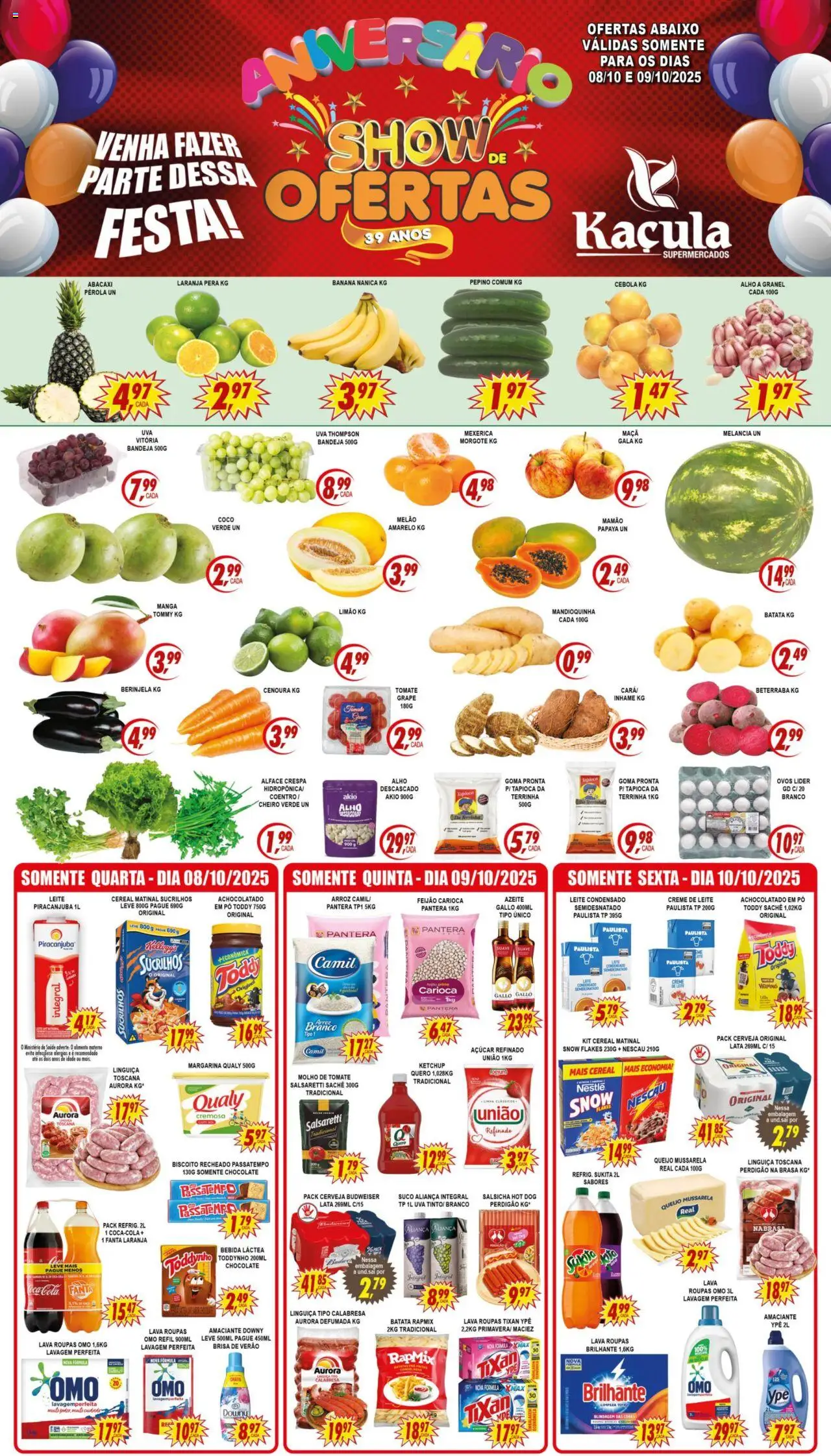 Kaçula folheto "Ofertas Semanal" válido a partir de 08/10/2025 - número de página 1 - Aliança, Salsicha, Leite, Pera, Cenoura, Amaciante, Molho de tomate, Margarina