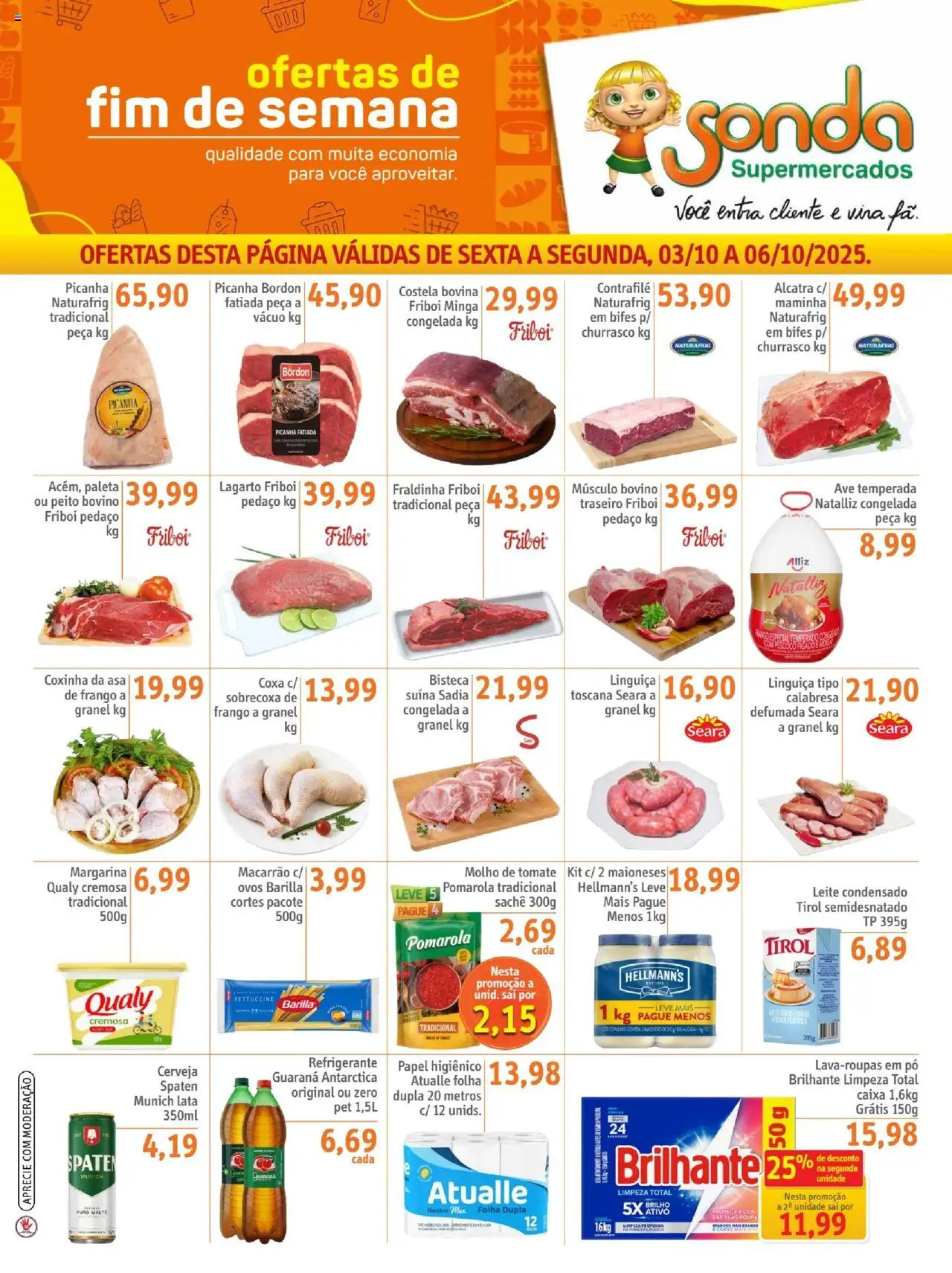 Sonda folheto "Ofertas FDS" válido a partir de 03/10/2025 - número de página 1 - Leite condensado, Picanha, Ovos, Frango, Refrigerante, Pó, Linguiça, Músculo bovino