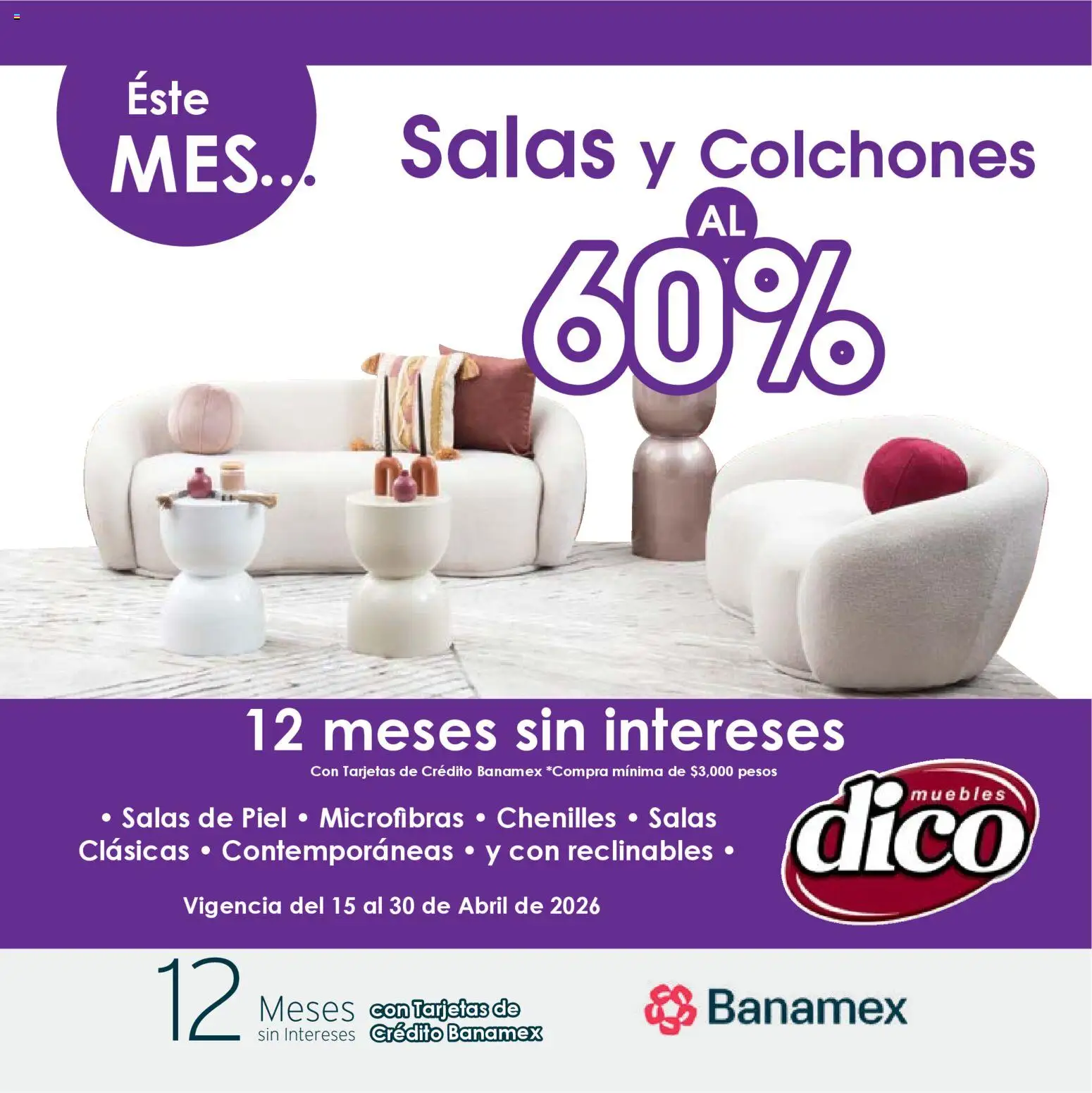 Vista previa las ofertas de la tienda Muebles Dico - Muebles Dico catálogo Salas y Colchones desde el 15/04/2026 