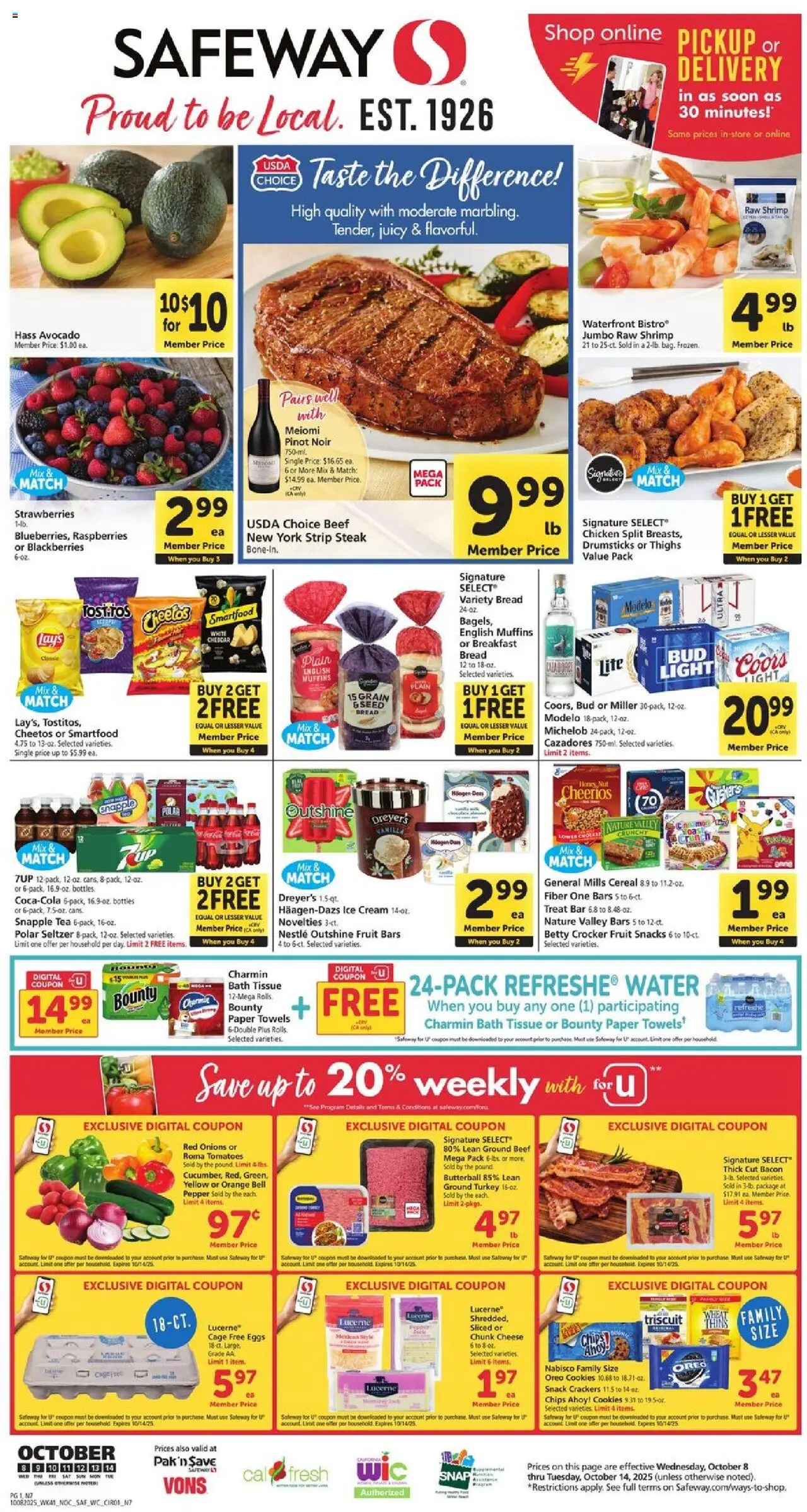 Ad Preview of Safeway Weekly Ad from 10/08/2025 - Ice cream, Ice, Steak, Tea, Chips, Fruit, Raspberries, Cream