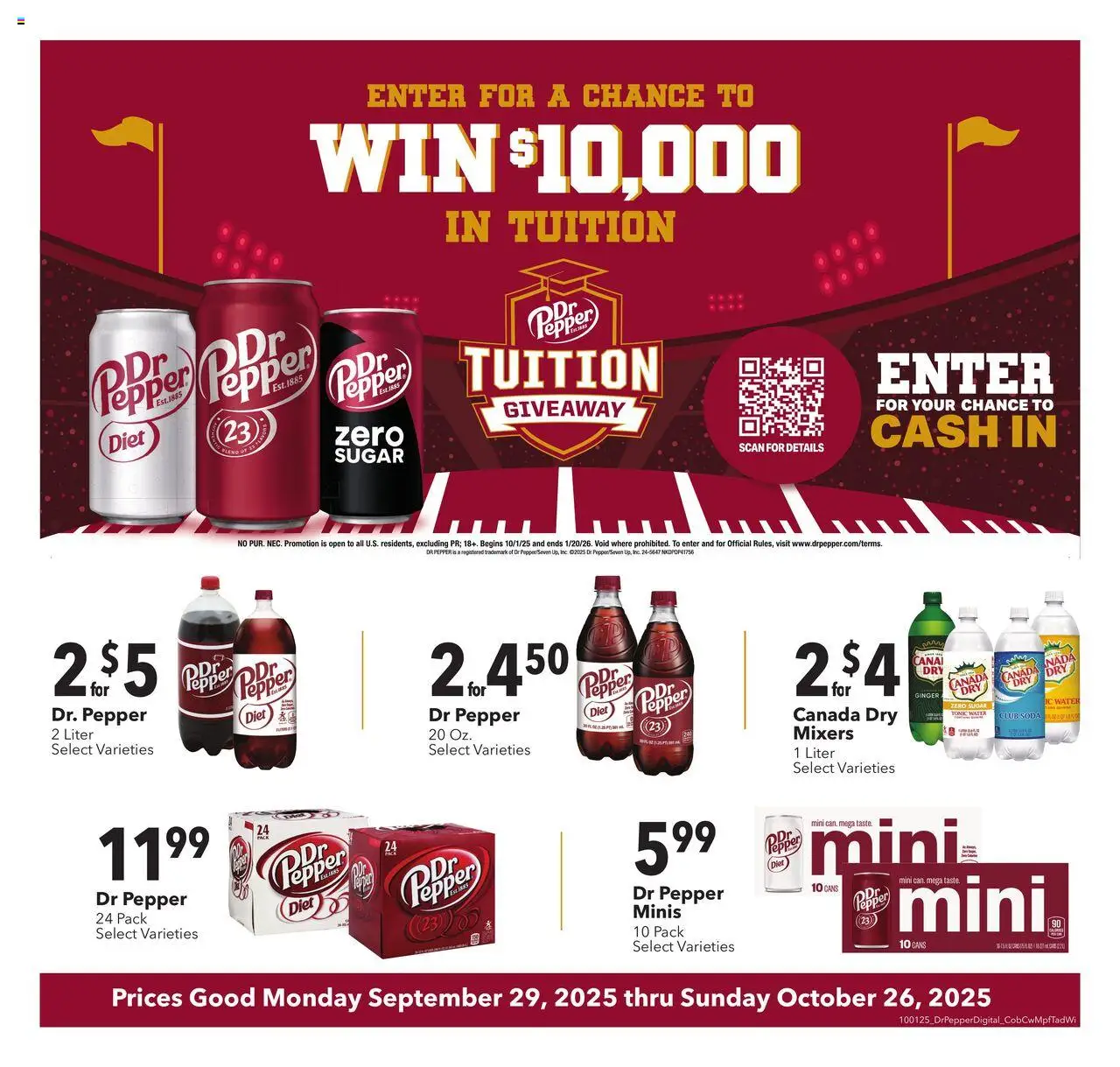 Ad Preview of Cash Wise Dr Pepper Tuition Giveaway from 09/29/2025 - Water, Ginger, Sugar, Pepper, Tonic