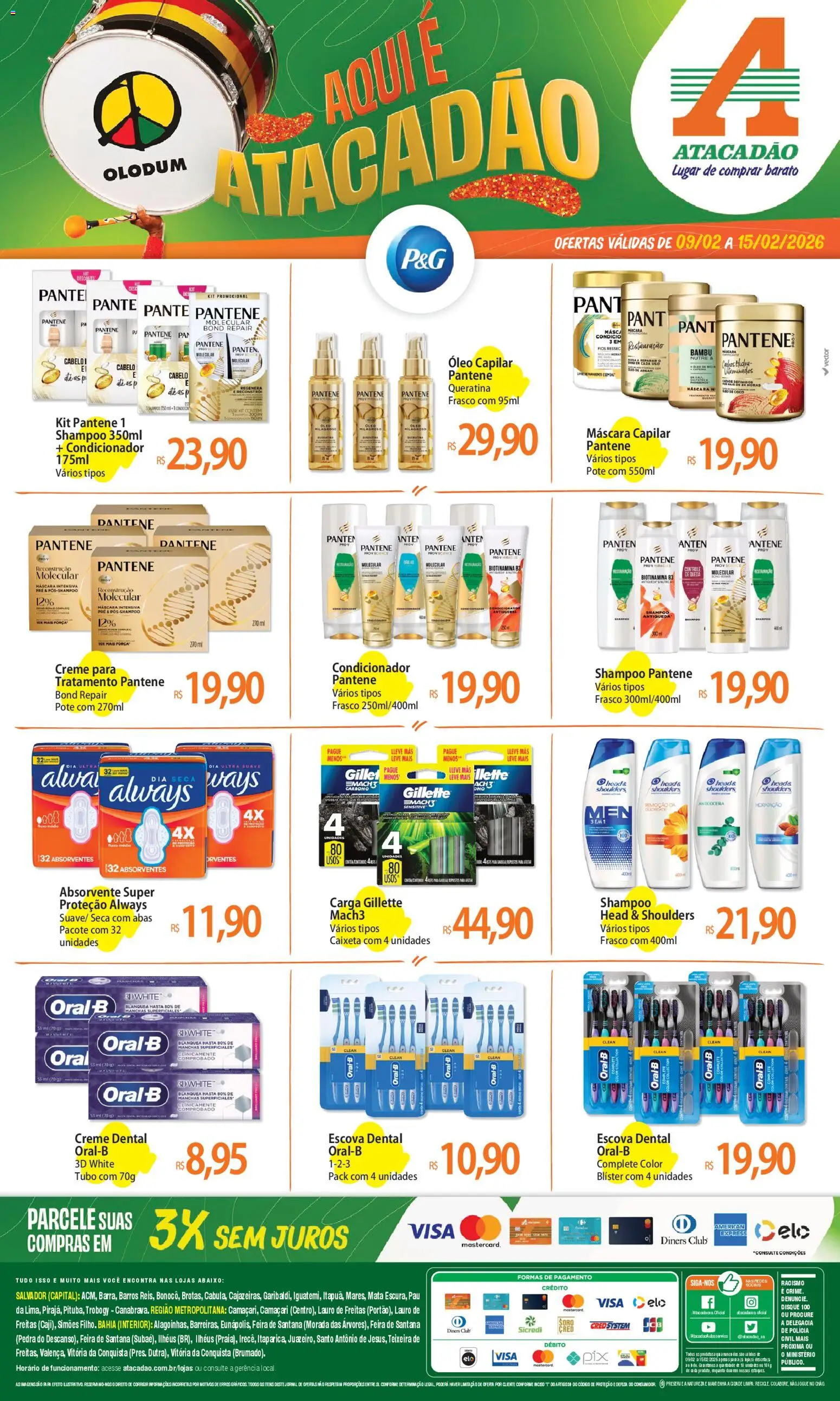 Pré-Visualização do folheto "Ofertas - BA" da loja Atacadão válido a partir de 09/02/2026 - Pá, Shampoo, Absorvente, Óleo, Creme, Shampoo pantene, Creme dental, Óleo capilar