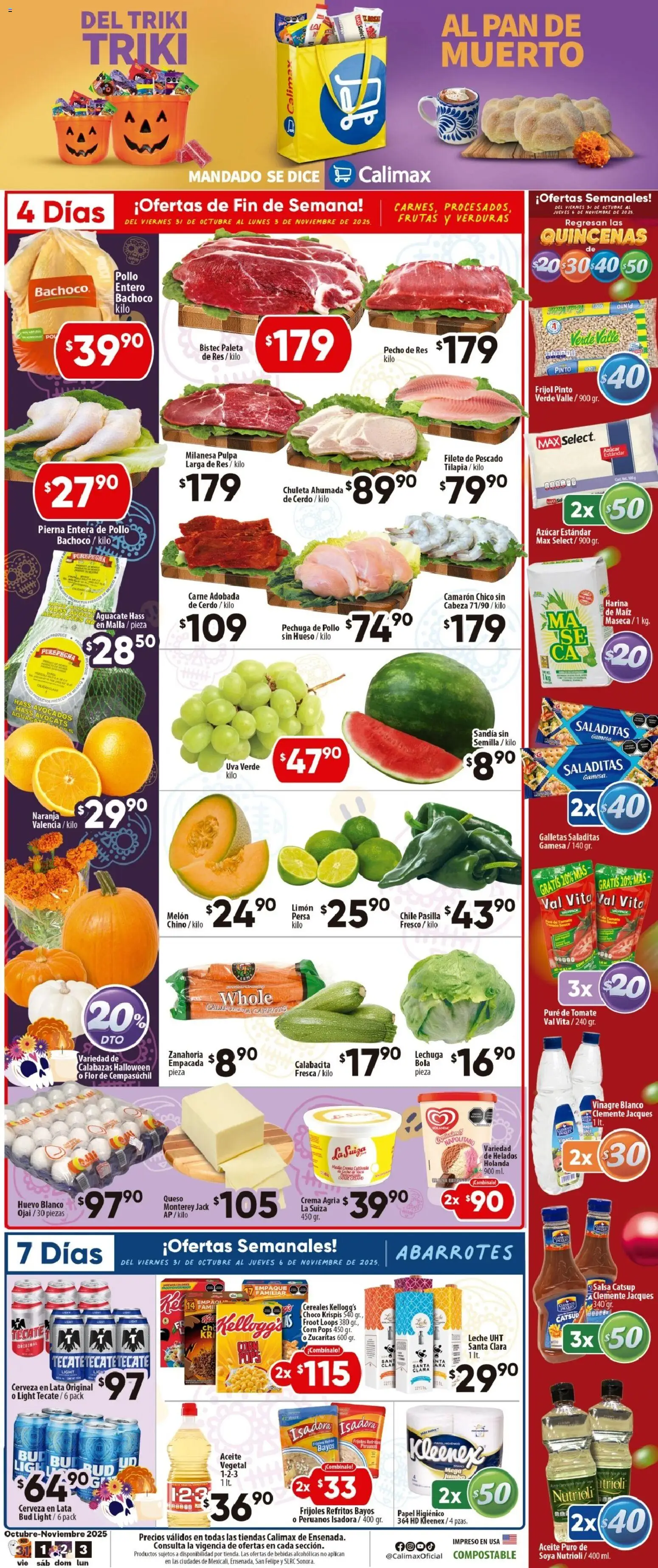 Vista previa las ofertas de la tienda Calimax - Folleto Ensenada desde el 31/10/2025 - Pan, Verduras, Aguacate, Lechuga, Tilapia, Filete de pescado, Chuleta, Puré