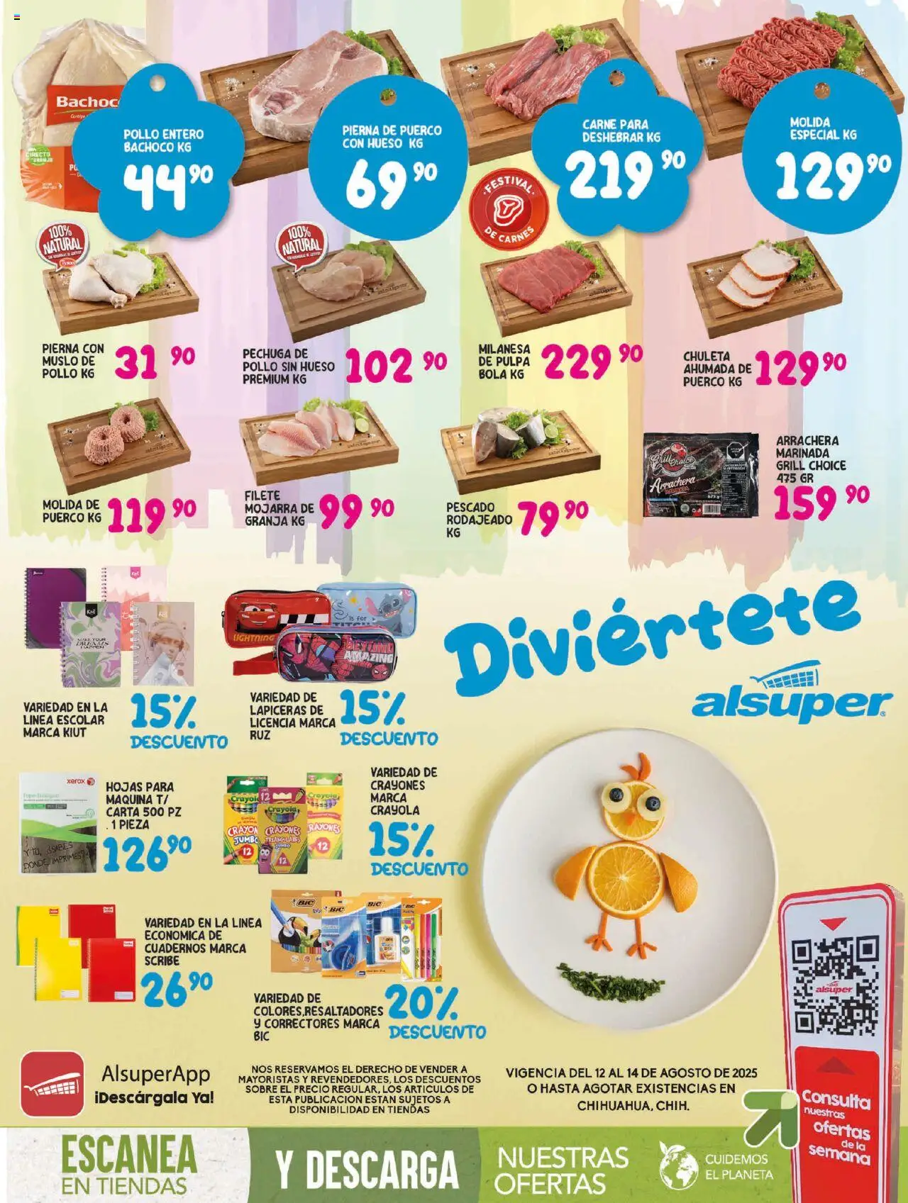 Folleto Alsuper y sus promociones válidas desde el 12/08/2025 - Número de página 1 - Pollo, Carne, Sobre, Milanesa, Cuadernos, Chuleta ahumada, Chuleta, Filete