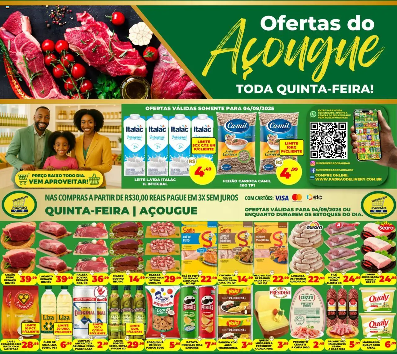Supermercado Padrão folheto "Ofertas do Açougue" válido a partir de 04/09/2025 - número de página 1 - Óleo, Leite, Mussarela, Soja, Farofa, Salame, Baixo, Presunto