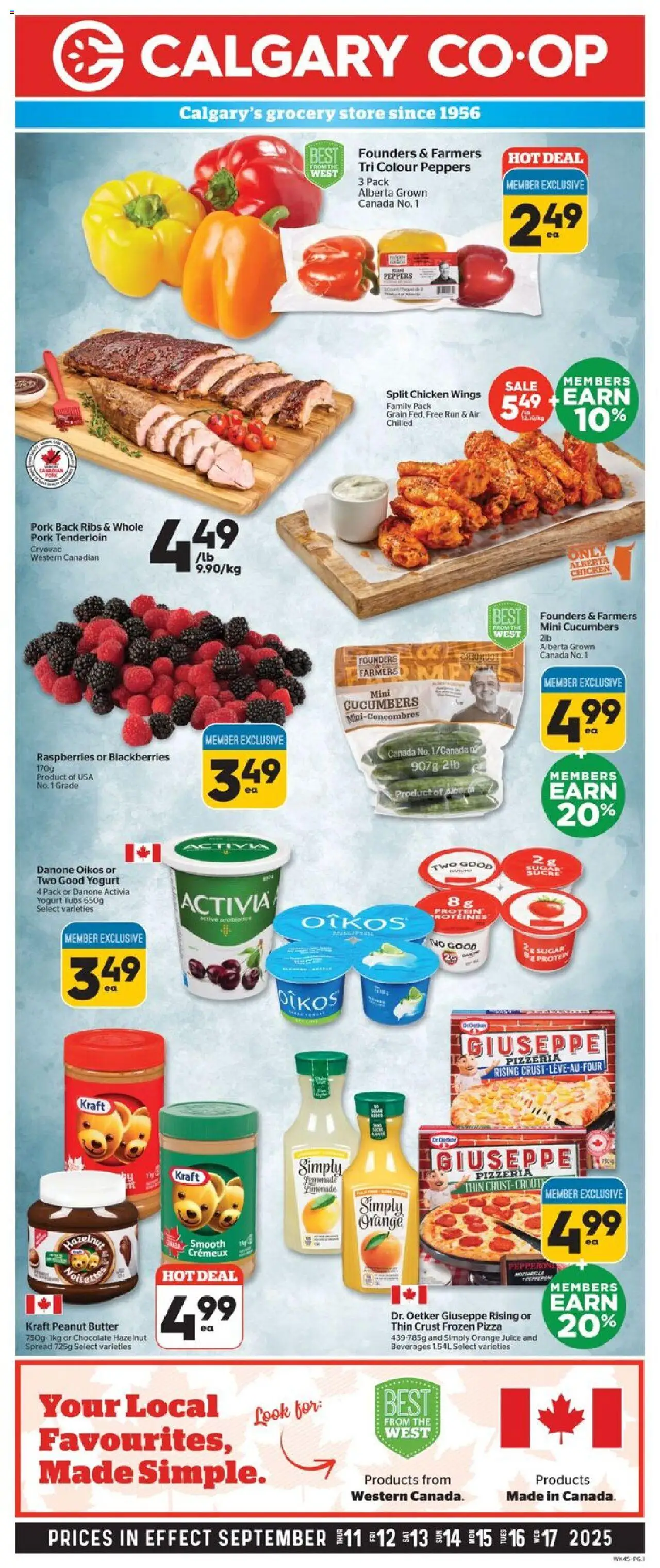 Preview of leaflet Weekly flyer / circulaire from shop Calgary Co-op is valid from Sep 11, 2025 - Chicken, Yogurt, Juice, Raspberries, Peanut butter, Pork tenderloin, Spread, Frozen pizza