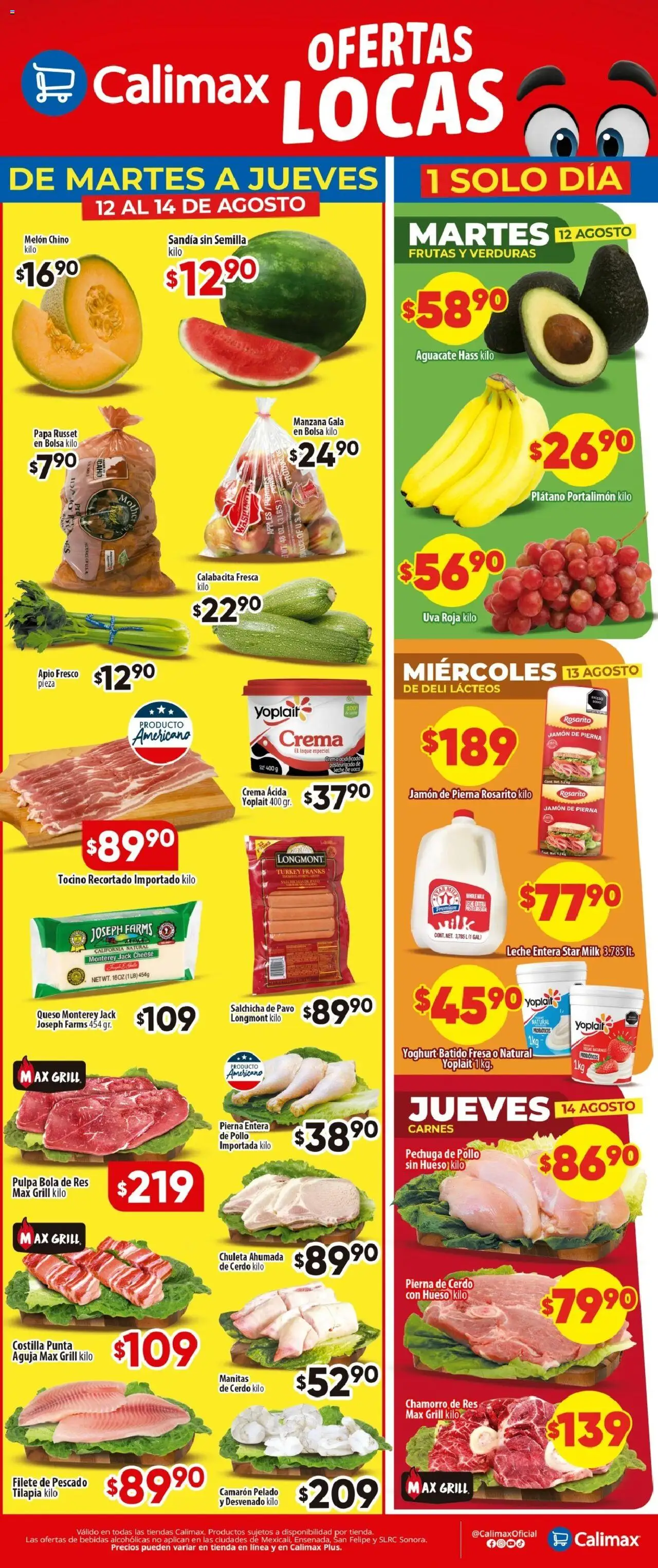 Folleto Martes a Jueves Calimax y sus promociones válidas desde el 12/08/2025 - Número de página 1 - Aguacate, Sandía, Leche, Crema, Pavo, Chuleta ahumada, Res, Melón