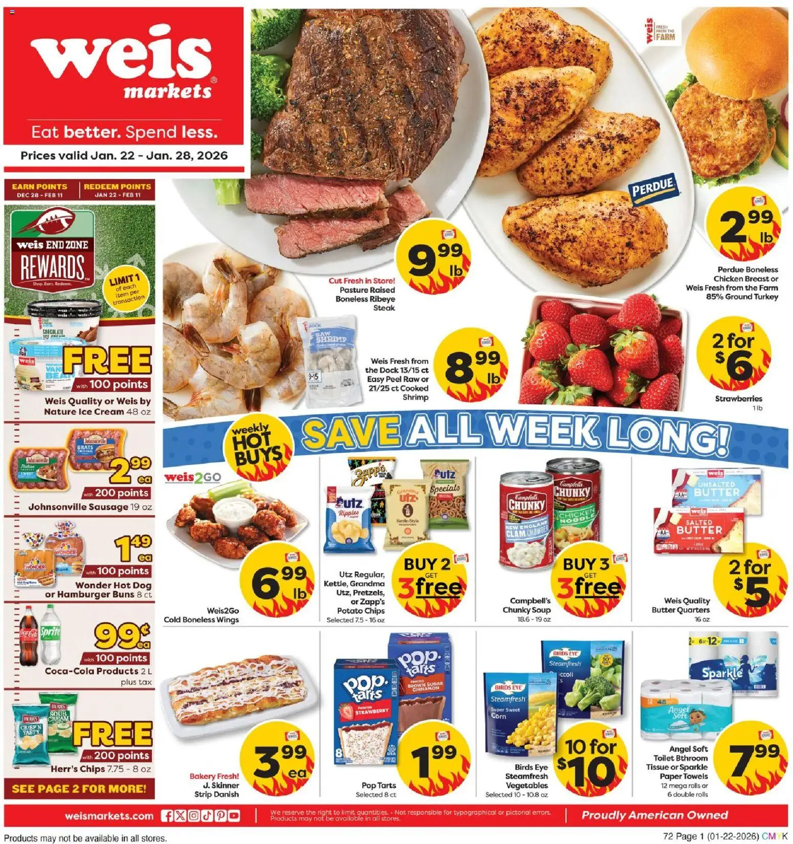 Ad Preview of Weis Weekly Ad from 01/22/2026 - Turkey, Ice, Steak, Chips, Strawberries, Corn, Sprite, Chicken