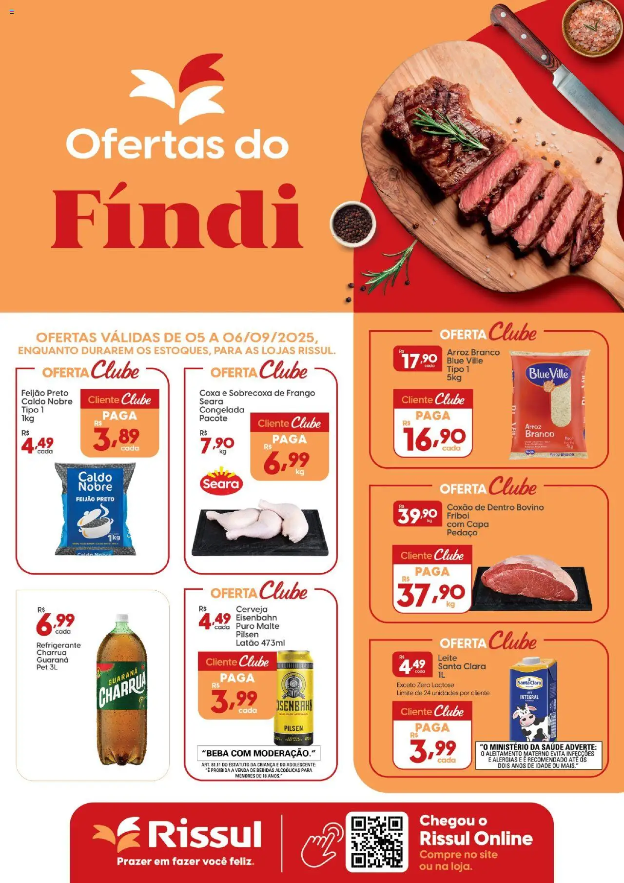 Rissul folheto "Ofertas do Fíndi" válido a partir de 05/09/2025 - número de página 1 - Cerveja, Bebidas, Arroz, Feijão, Frango, Refrigerante, Guaraná, Sobrecoxa de frango
