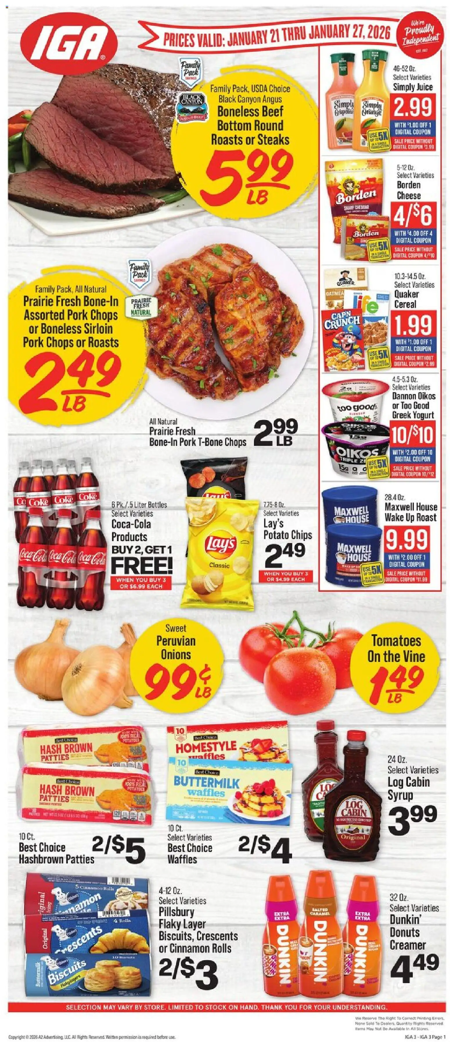 Ad Preview of IGA Weekly Ad from 01/21/2026 - Waffles, Chips, Potatoes, Juice, Tomatoes, Cereal, Greek yogurt, Potato chips