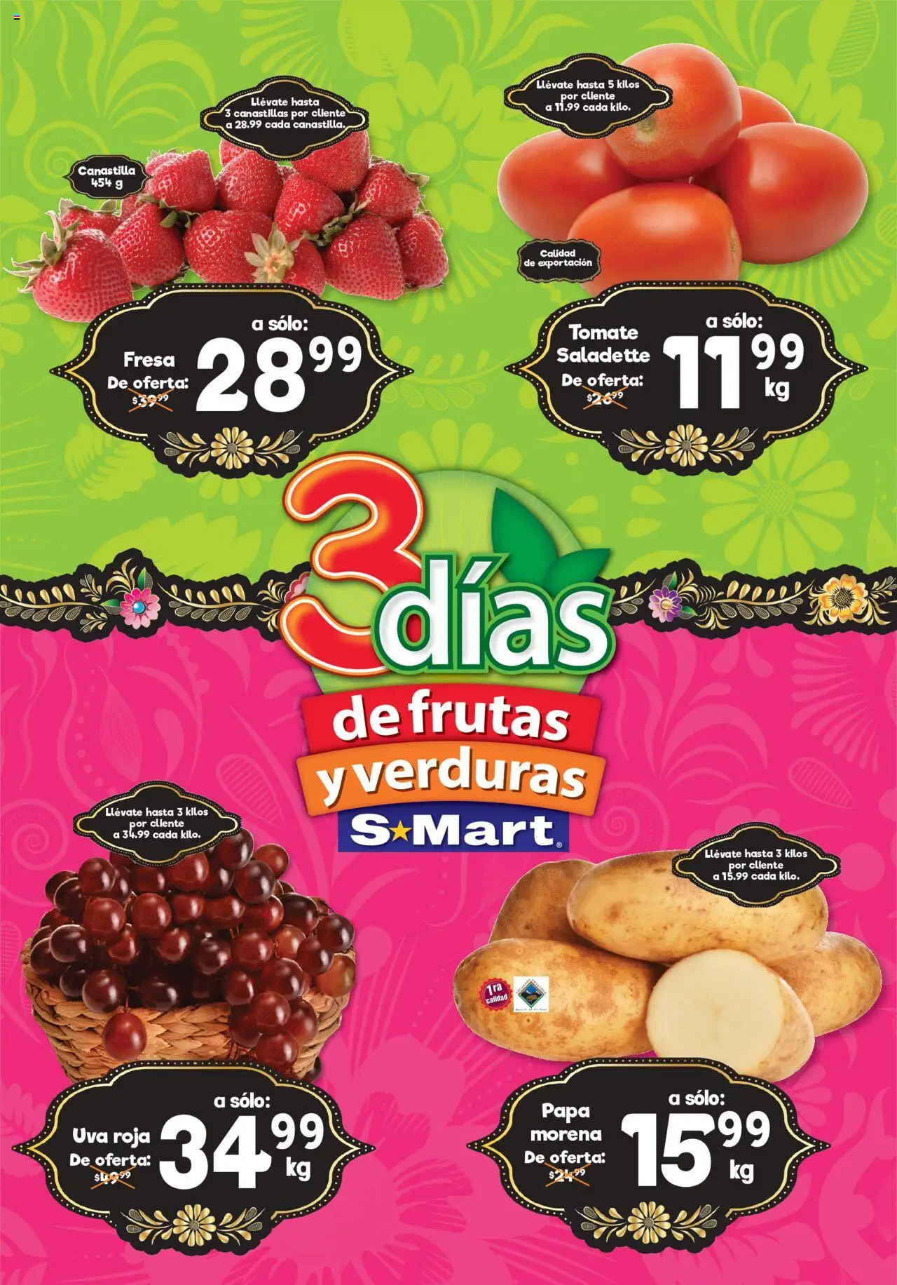 Folleto - Reynosa (y Rio Bravo) S-Mart y sus promociones válidas desde el 12/08/2025 - Número de página 1 - Papa, Fresa, Verduras, Tomate, Uva