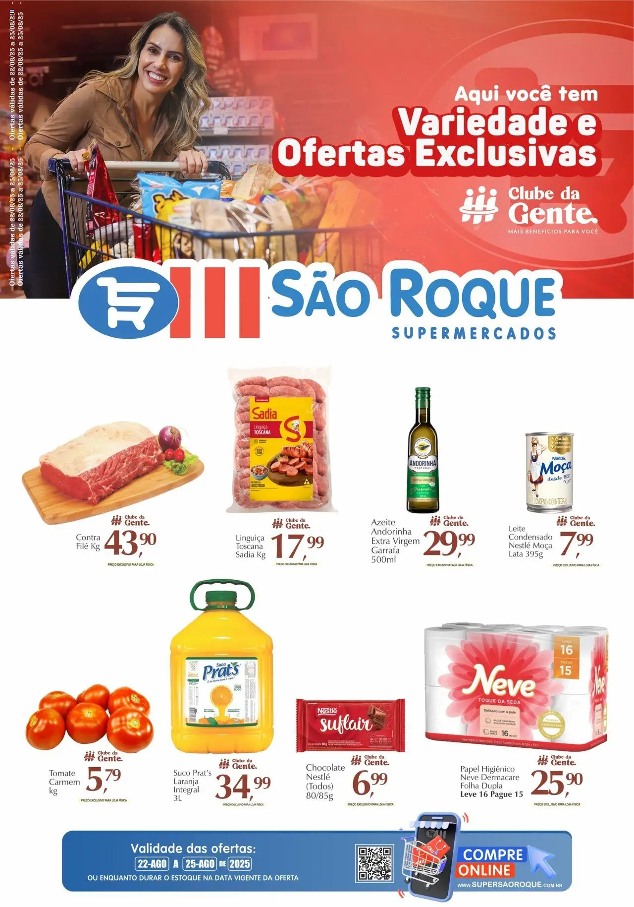 São Roque Supermercados folheto "Ofertas da semana" válido a partir de 22/08/2025 - número de página 1 - Chocolate, Leite, Azeite, Tomate, Suco, Papel higiênico, Linguiça