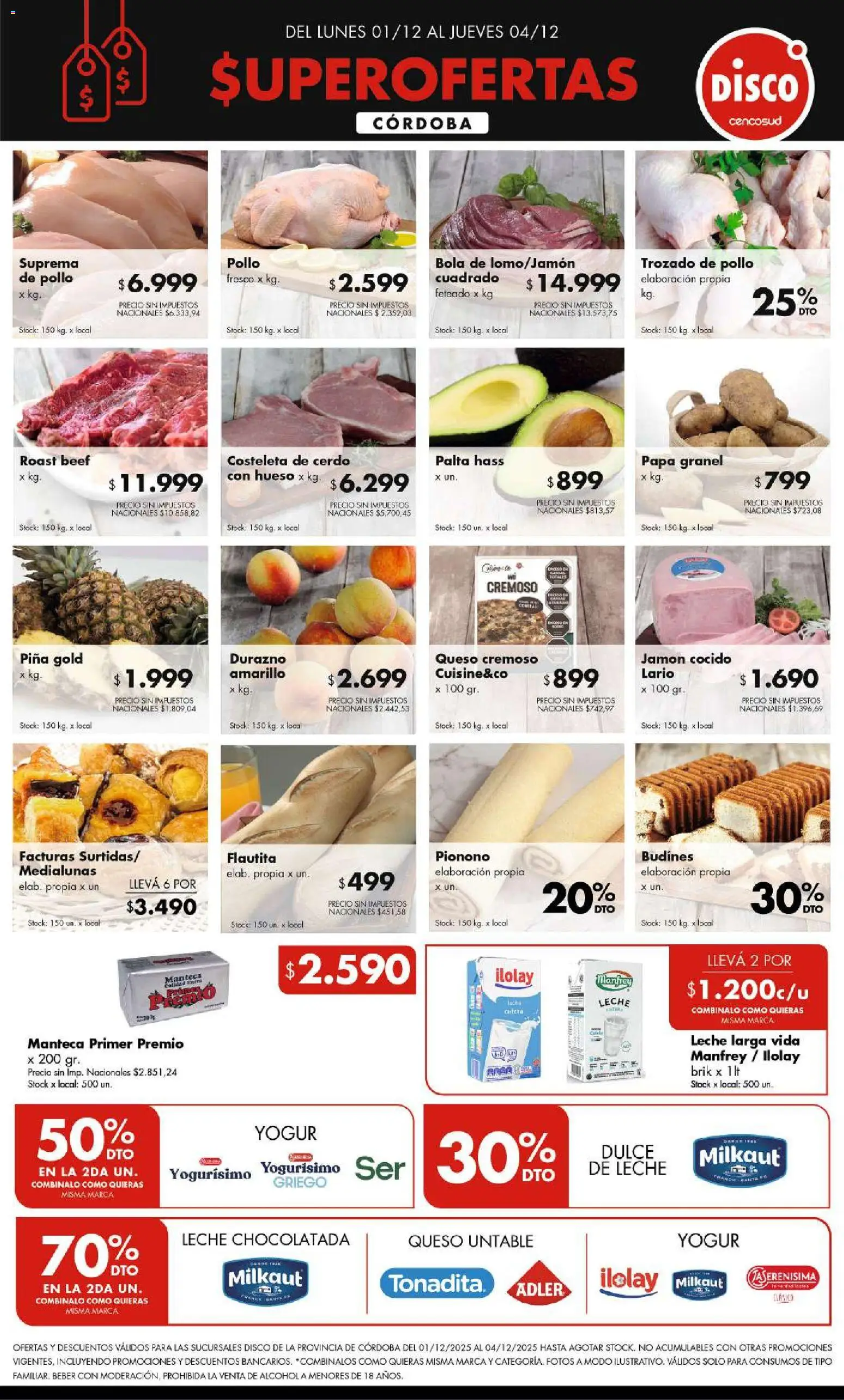Vista previa del folleto de la tienda Disco válido desde el 30/11/2025 - Disco, Alcohol, Chocolatada, Pionono, Yogur, Piña, Jamón cocido, Untable