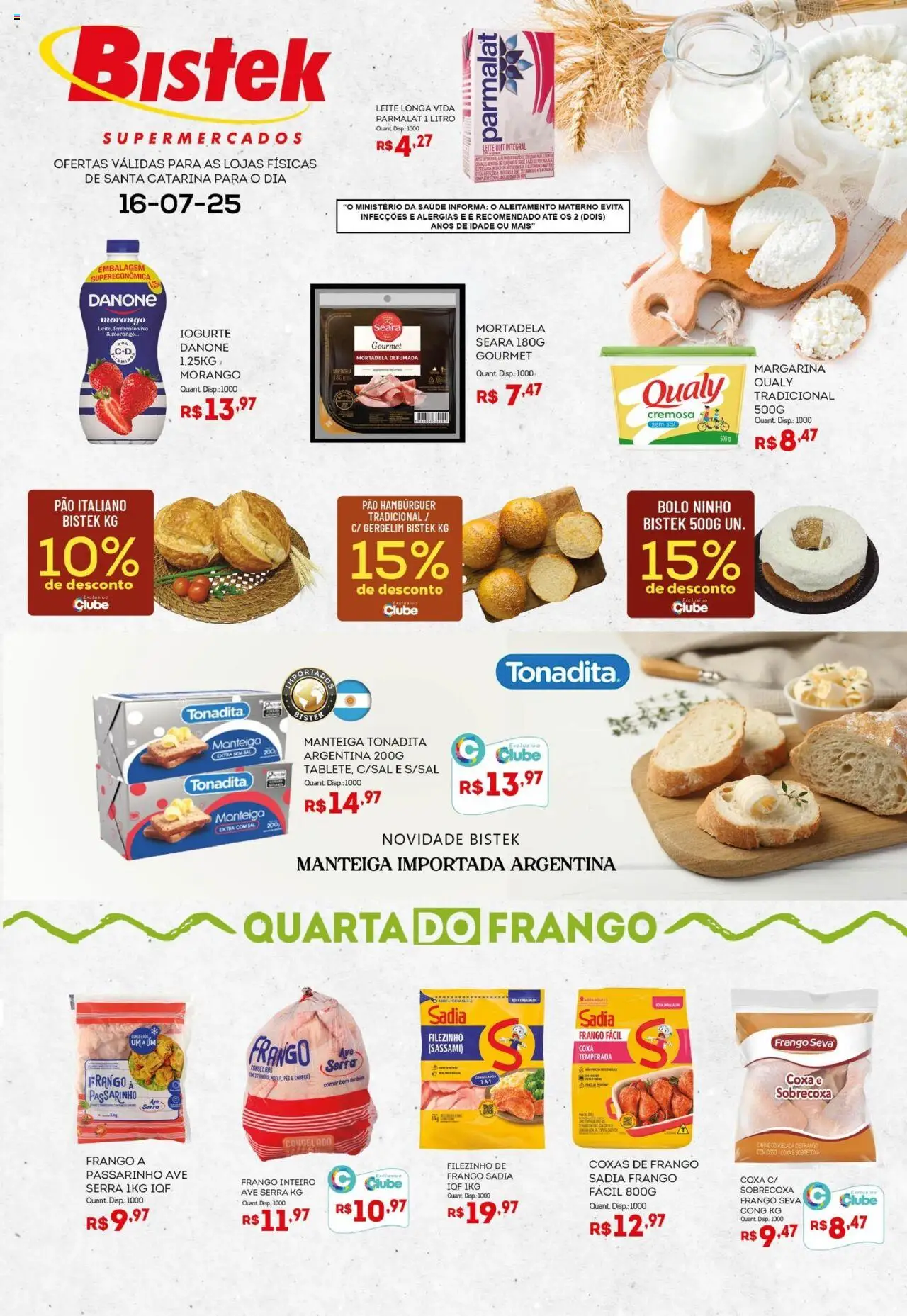 Bistek Supermercados folheto "Ofertas Quarta dos Frios" válido a partir de 16/07/2025 - número de página 1 - Frango inteiro, Manteiga, Iogurte, Mortadela, Carne, Bolo, Gergelim, Sal