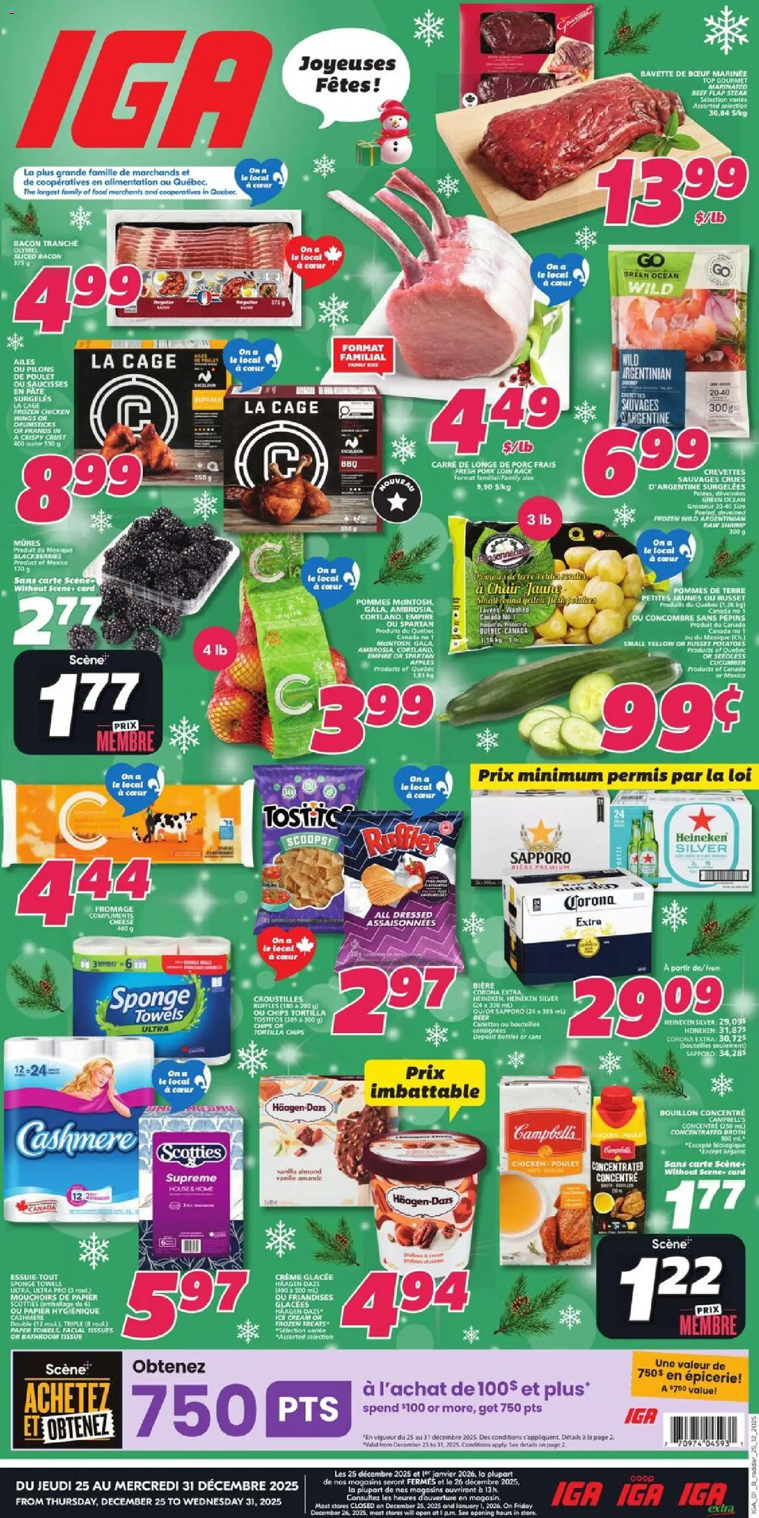 Preview of leaflet Quebec from shop IGA is valid from Dec 25, 2025 - Ice cream, Potatoes, Beef, Bacon, Cream, Drumsticks, Towels, Frozen chicken