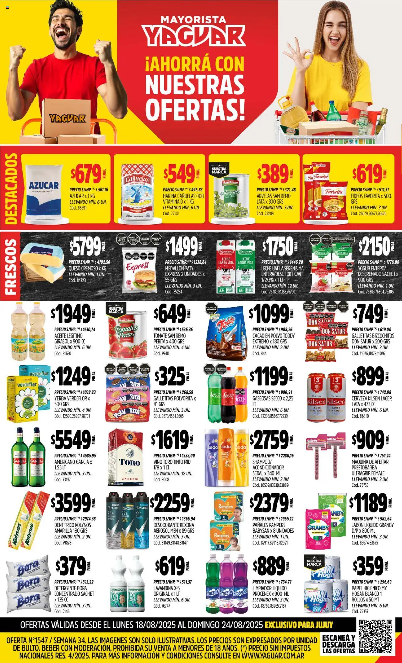 Yaguar Jujuy del 18/08/2025 Online - Queso, Aceite, Harina, Lavandina, Yogur, Cacao, Detergente, Limpiador