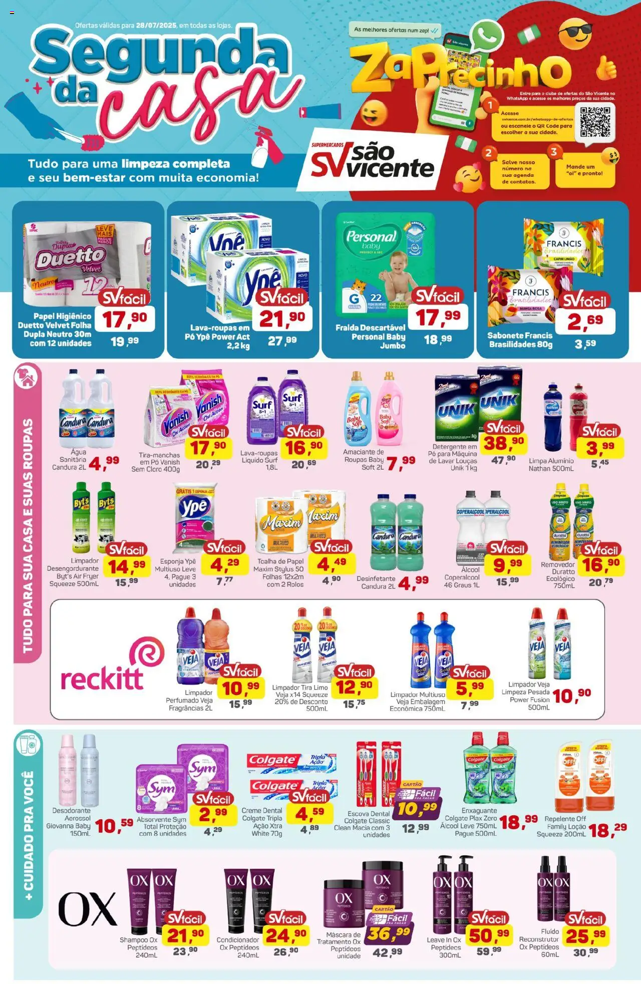 Supermercados São Vicente folheto "Ofertas da semana" válido a partir de 28/07/2025 - número de página 1 - Shampoo, Cloro, Escova, Manga, Água, Sabonete, Repelente, Papel higiênico