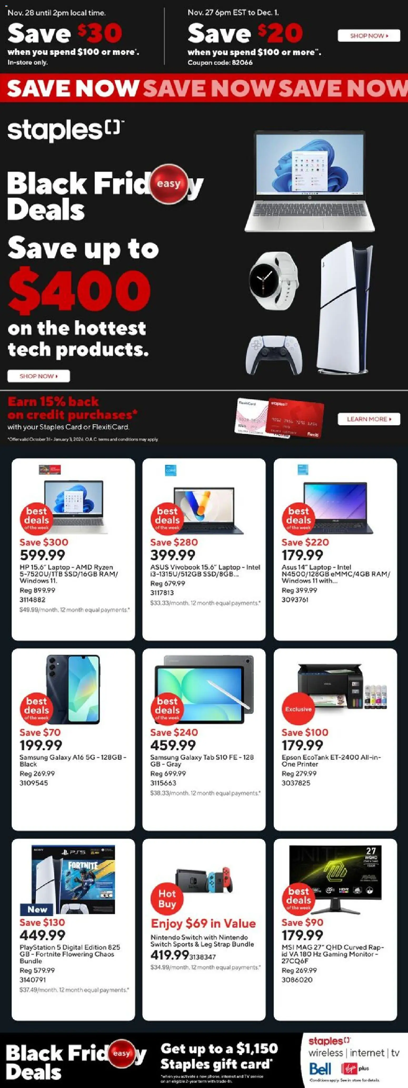 Preview of leaflet Black Friday from shop Staples is valid from Nov 28, 2025 - Nintendo Switch, Playstation, Tv, Laptop, Printer, Monitor