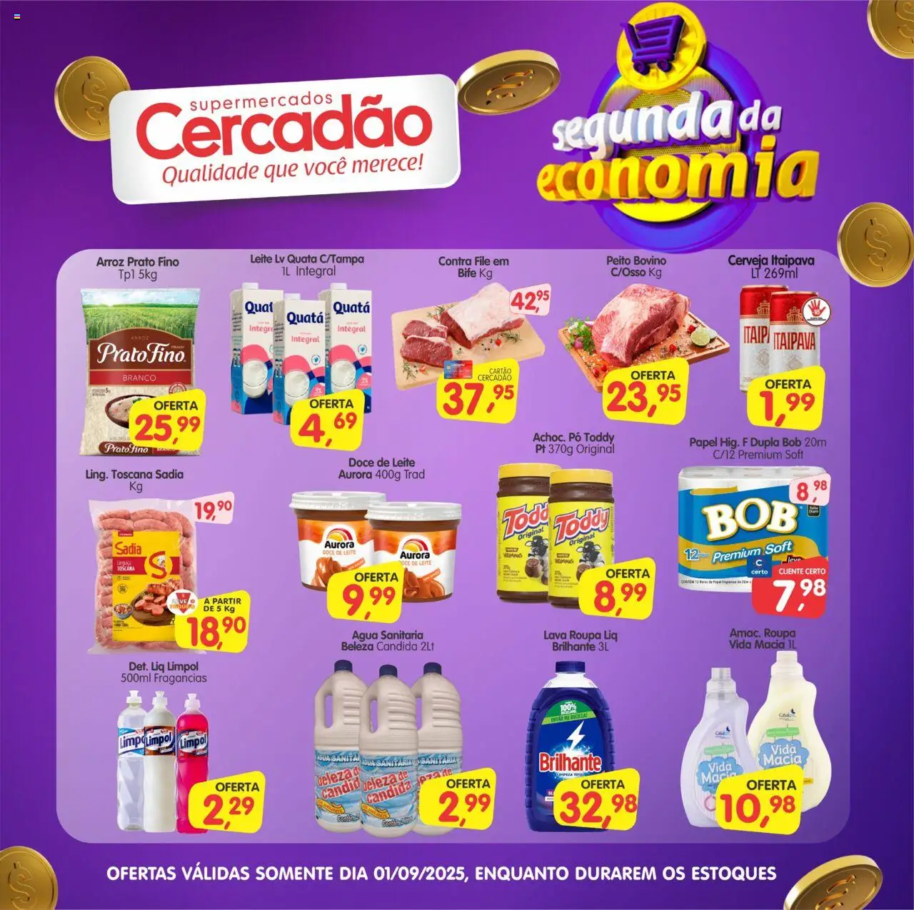 Cercadão folheto "Ofertas da semana" válido a partir de 01/09/2025 - número de página 1 - Cerveja, Água, Doce de leite, Arroz, Leite, Doce, Água sanitária, Contra filé