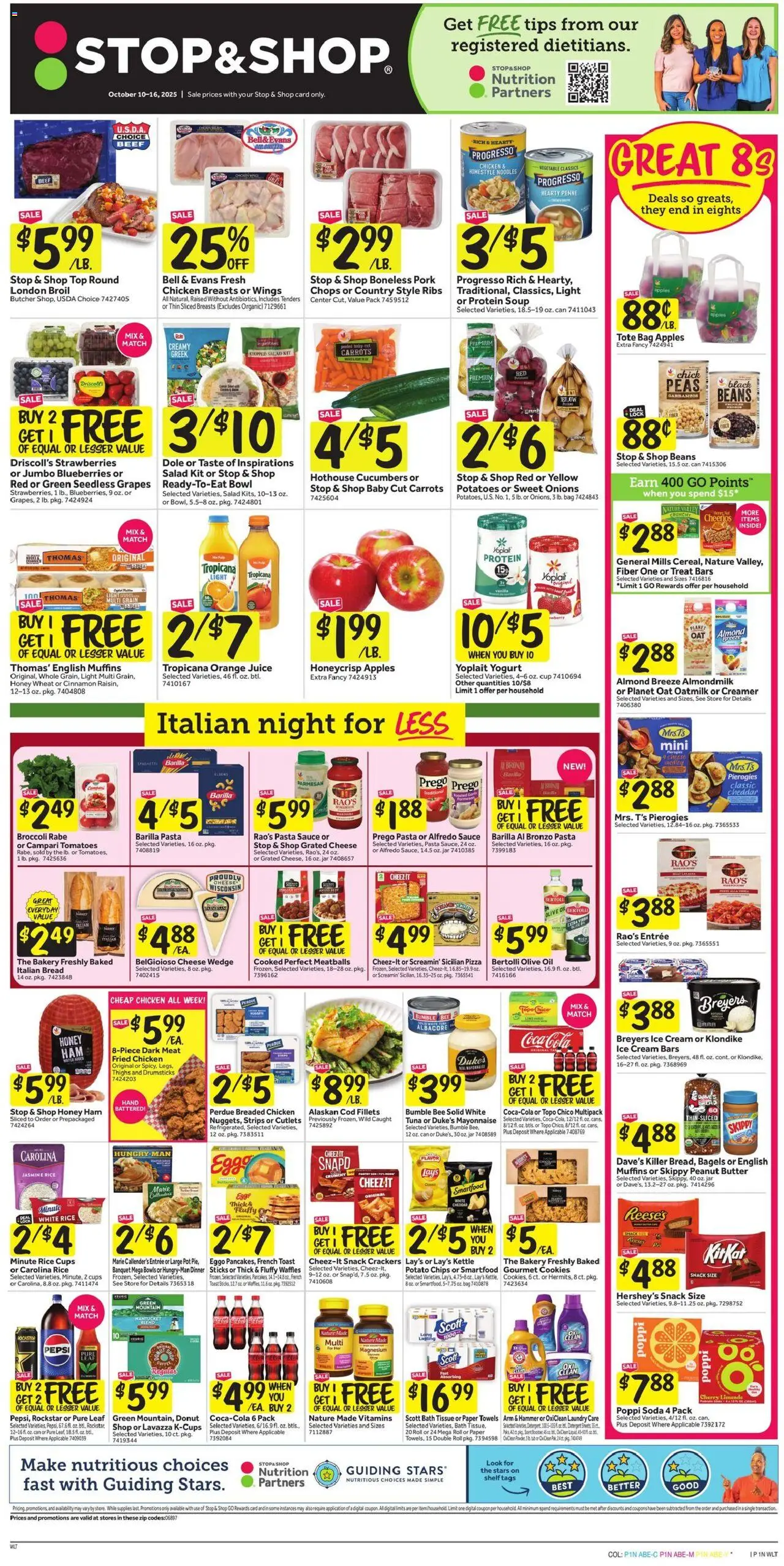 Stop & Shop Weekly Circular - CT from 10/10/2025 - Flyer - Page number 1 - Water, Broccoli, Juice, Grapes, Pork, Muffins, Paper towels, Barilla pasta