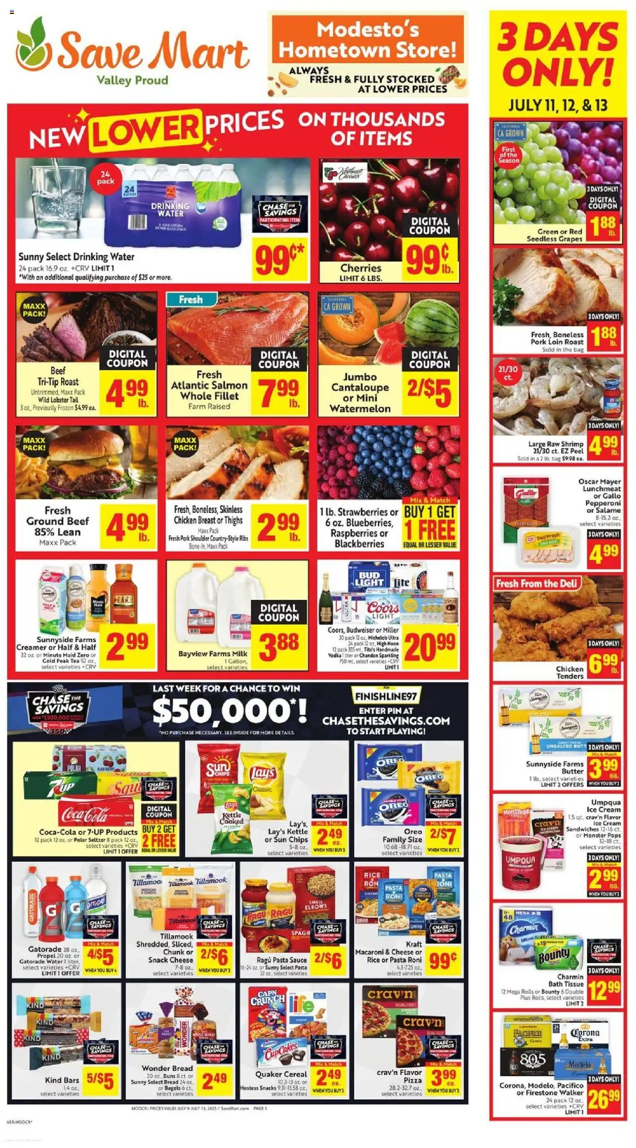 Save Mart Weekly - CA from 07/09/2025 - Flyer - Page number 1 - Cherries, Rice, Beef, Oreo, Ice cream, Water, Bag, Seedless grapes